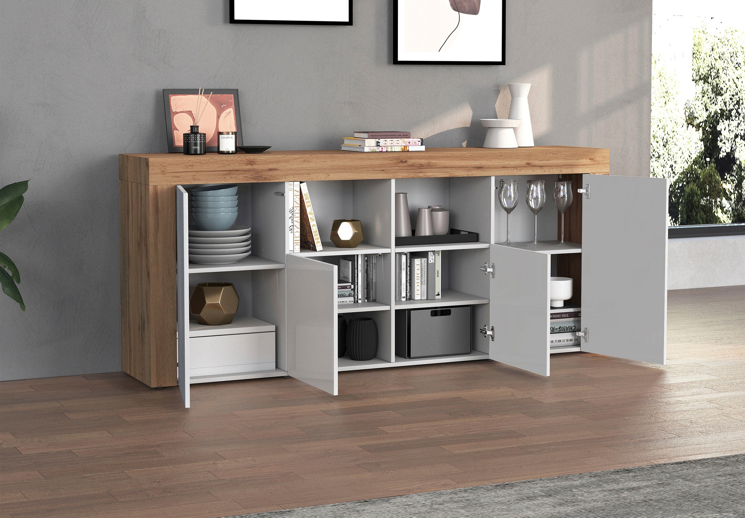 GOODproduct Sideboard »CHRONOS Breite 200 cm  mit 4 Türen, 2 offene und 8 geschlossene Fächer« 1 Stk. tlg. Sideboard,Kommode, Schrank, Grifflos mit Push to Open, Made in Italy