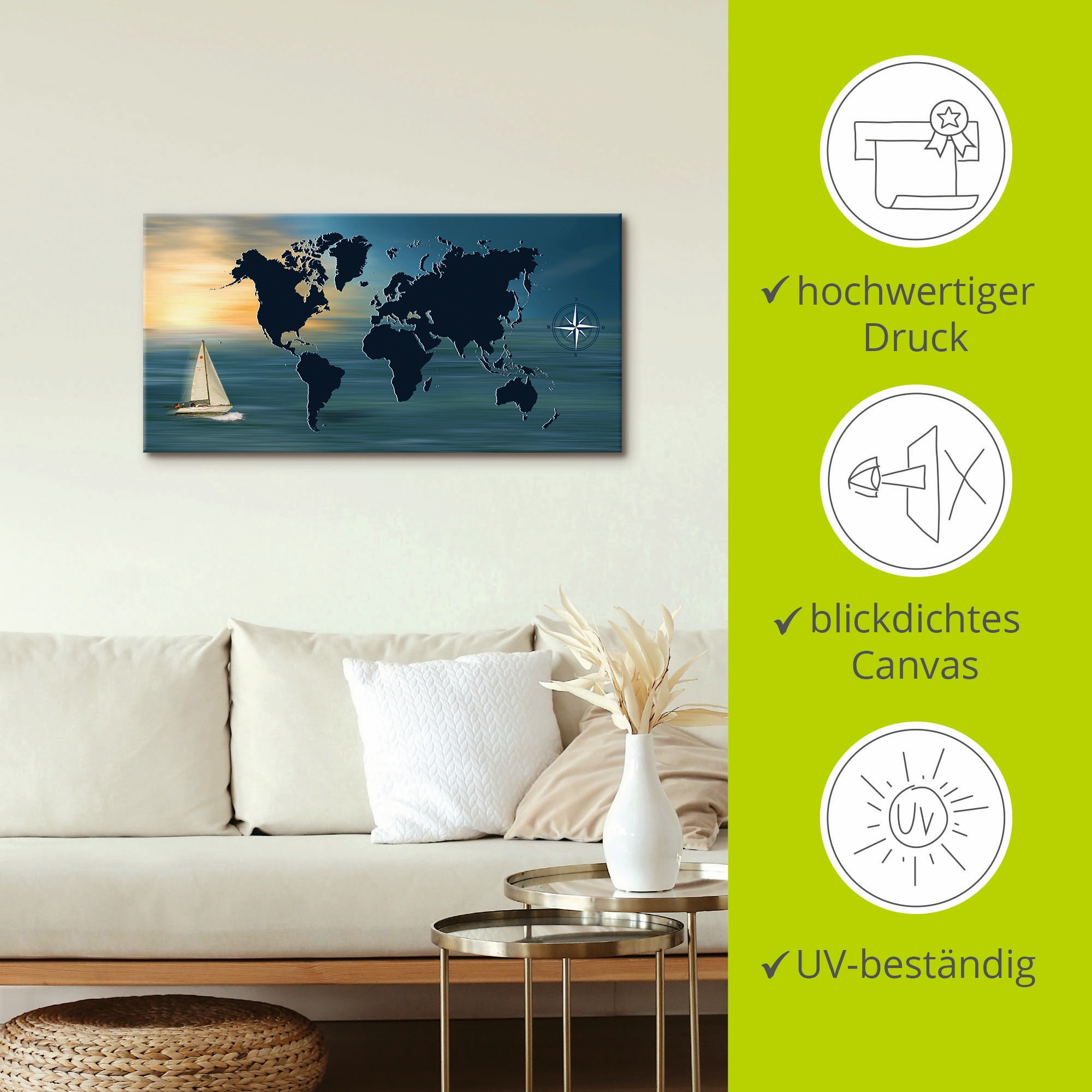 Artland Wandbild »Weltumsegelung mit Weltkarte«, Landkarten, (1 St.), als Leinwandbild, Poster in verschied. Grössen
