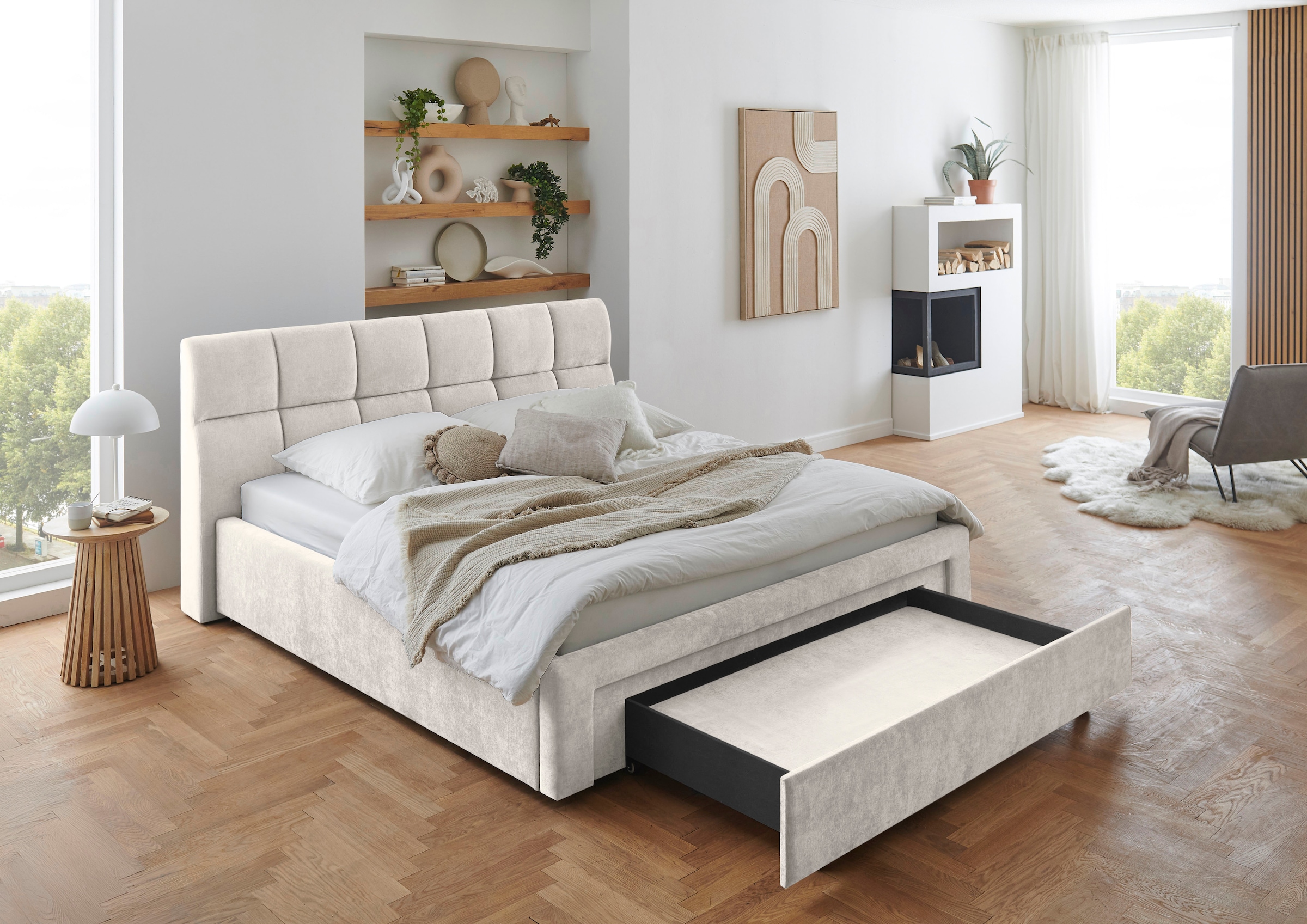 meise.möbel Polsterbett »Canyon, Breite 180cm, erhältlich in grau oder beige« inkl. Schubkasten im Fussteil - ideal als Hundebett nutzbar