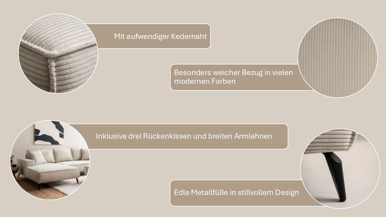 andas Ecksofa »TVINNU, L-Form in Cord, Sofa«, wahlweise Recamiere rechts/links, schwarze Füsse, bequemer Sitzkomfort