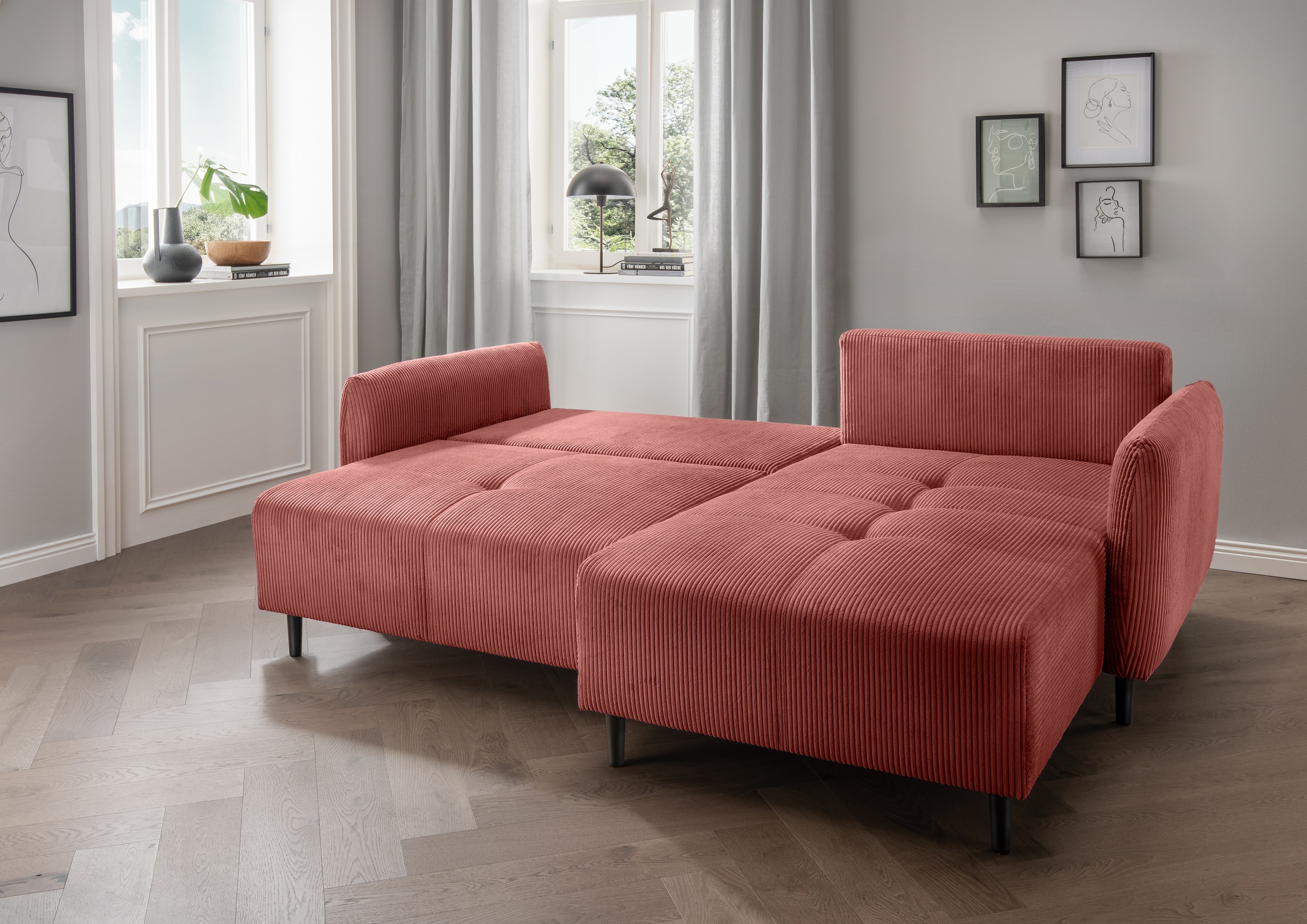 INOSIGN Ecksofa »Mara, L-Form, aktueller Cord Bezug und tolle Farben, schmale Armlehnen«, whlw. mit Bettfunktion,Recamiere links/rechts montierbar, Breite 238cm