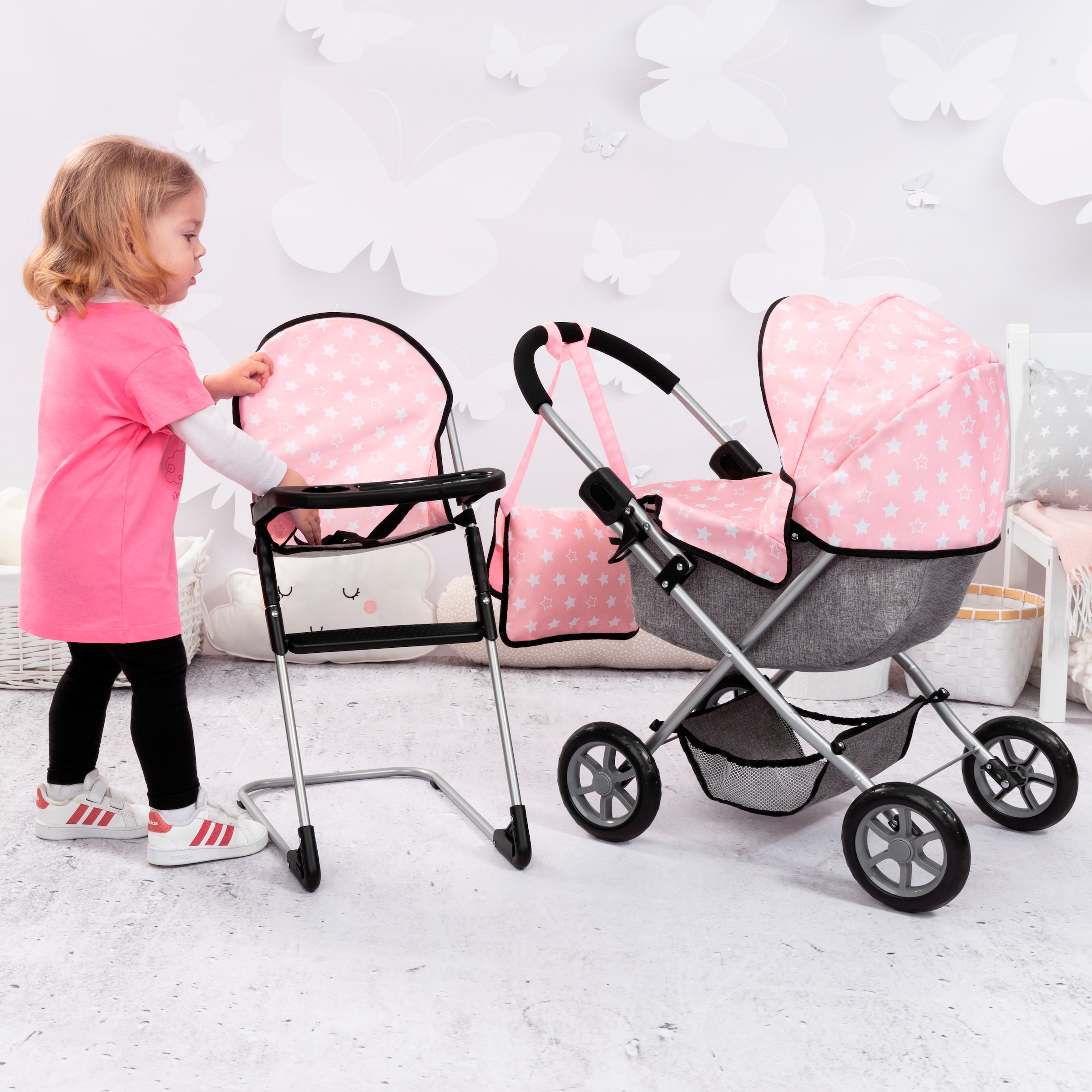 Bayer Puppenwagen »Cosy Set, rosa« mit Puppenhochstuhl und Wickeltasche