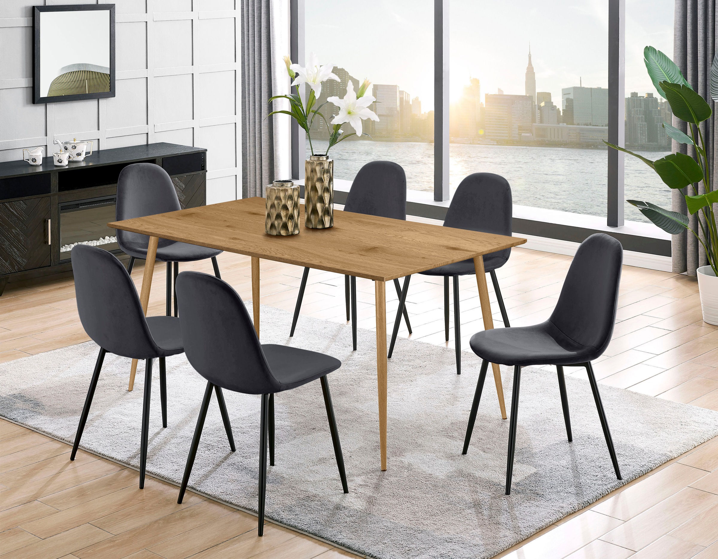 Leonique Essgruppe »Eadwine, TOPSELLER! Tisch plus 4 Stühle, Sitzgruppe«, (Set, 5 tlg., Esstisch plus 4 Esszimmerstühle), bestehend aus Esstisch 160 cm und 4 Esszimmerstühlen, Polsterstühlen