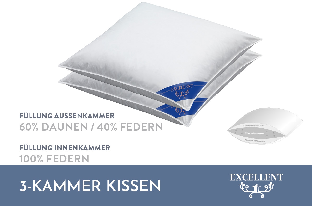 Excellent 3-Kammer-Kopfkissen »Venedig Kissen erhältlich im Einzel- oder Doppelpack!«, Füllung: 60% Daunen Aussenkammer, Bezug: 100% Baumwolle, hergestellt in Deutschland, allergikerfreundlich.