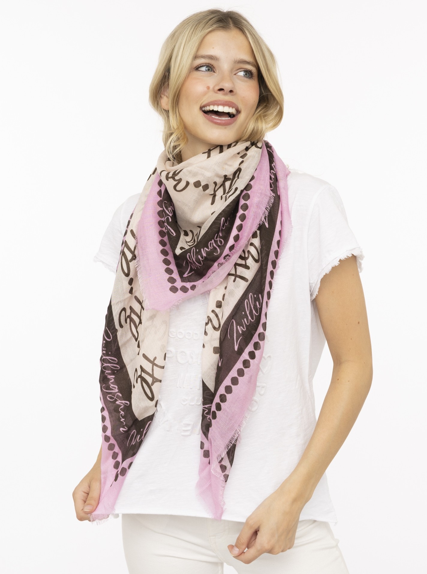 Image of Zwillingsherz Modetuch ""Glamour"" Mustermix mit Zwillingsherz Motiv, Fransenabschlüsse rundum