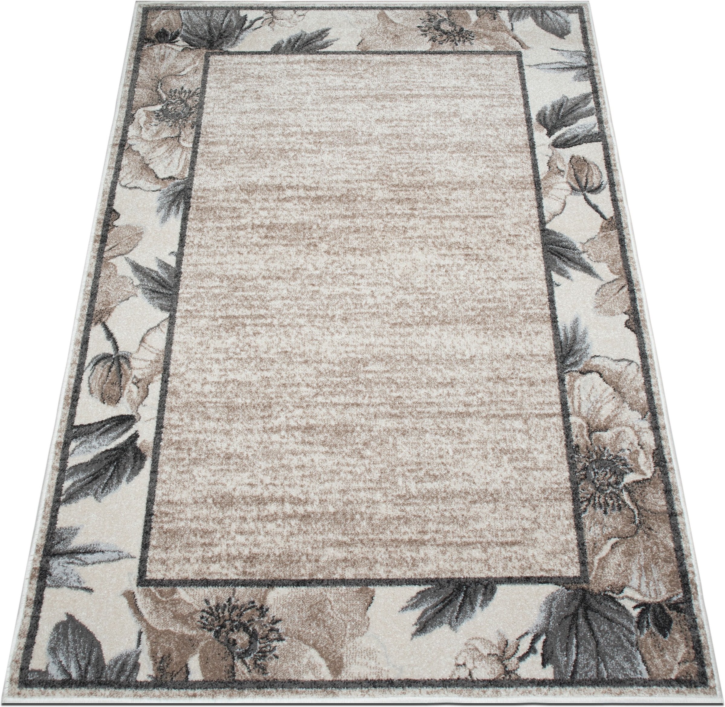 GOODproduct Teppich »Florent mit Rahmen, Blumen Design« rechteckig 9 mm Höhe Floral, detailreiche Blüten, meliert, elegant, Wohnzimmer