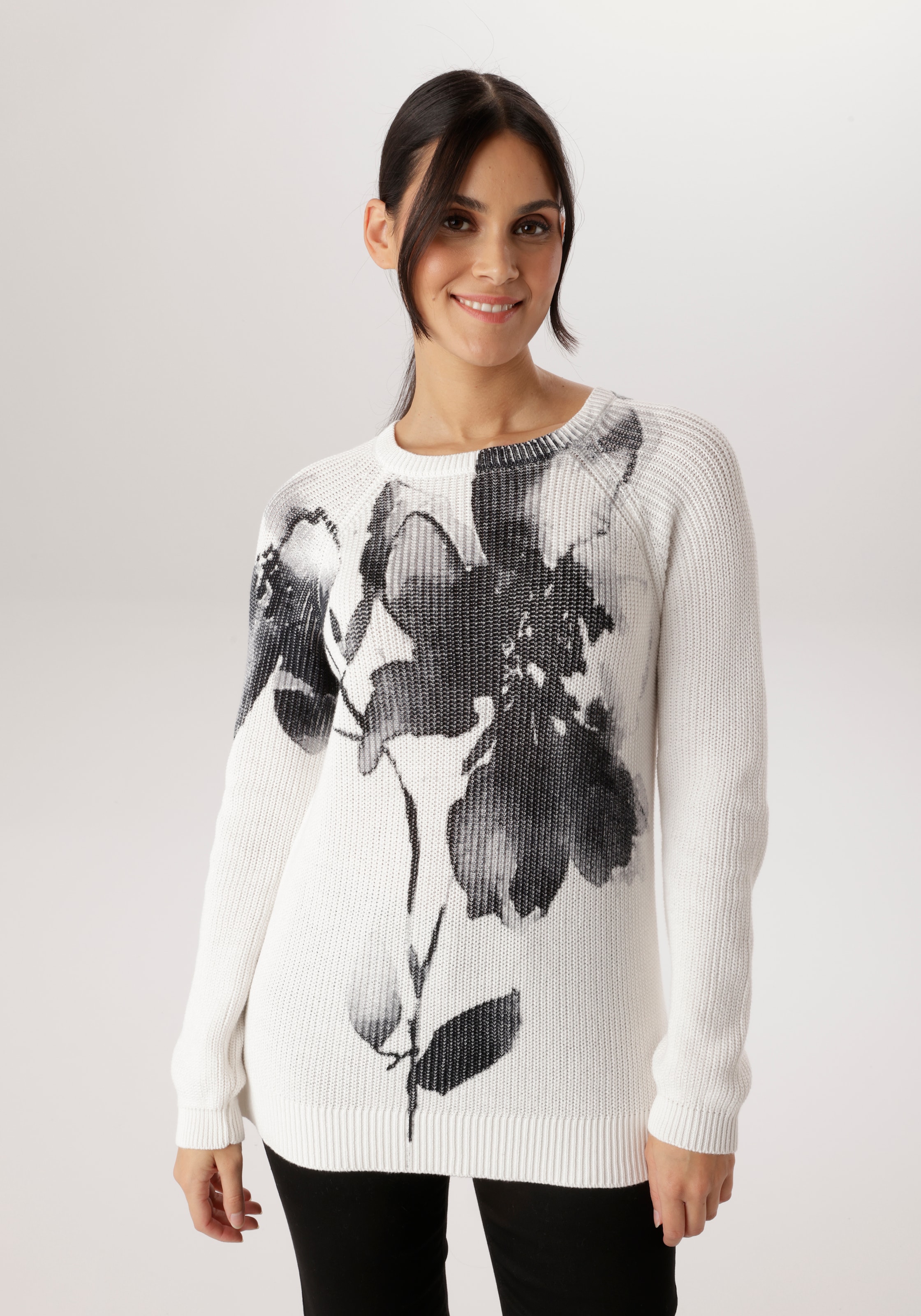 Image of Aniston SELECTED Strickpullover aus weichem Grobstrick mit Blumendruck - NEUE KOLLEKTION
