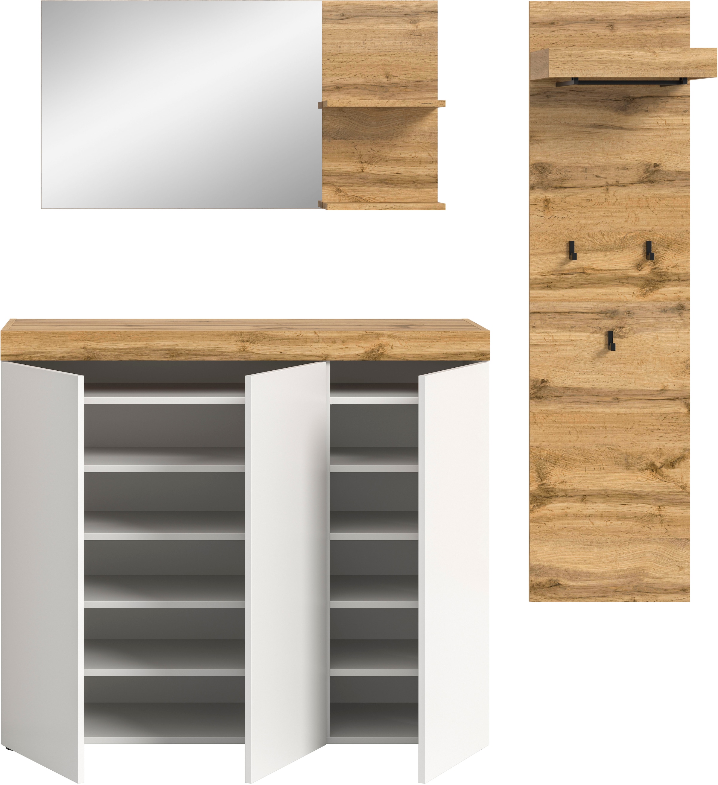 GOODproduct Ensemble de vestiaires »MAMBO, TOPSELLER!, 3-teilige Kombination, stehend & hängend montierbar« bestehend aus: Kommode, Spiegel, Garderobenpaneel, 3 cuis tlg.