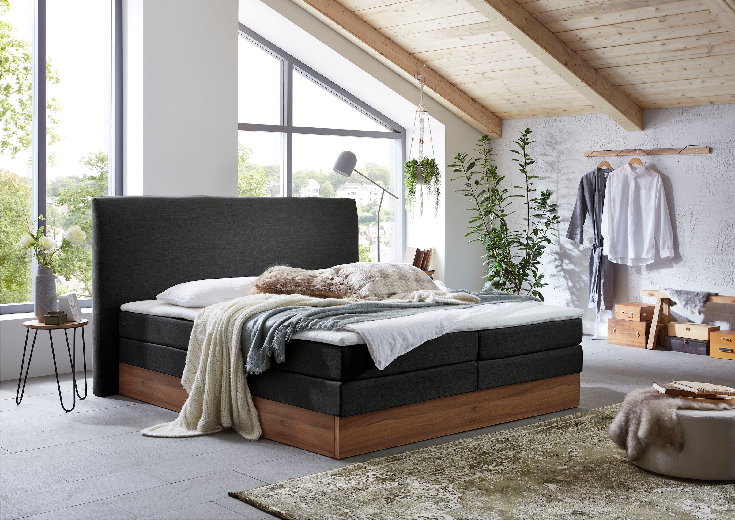 Home affaire Lit boxspring »Blomen« mit Walnuss-Dekor, mit Bettkasten, verschiedene Härtegrade, mit Topper