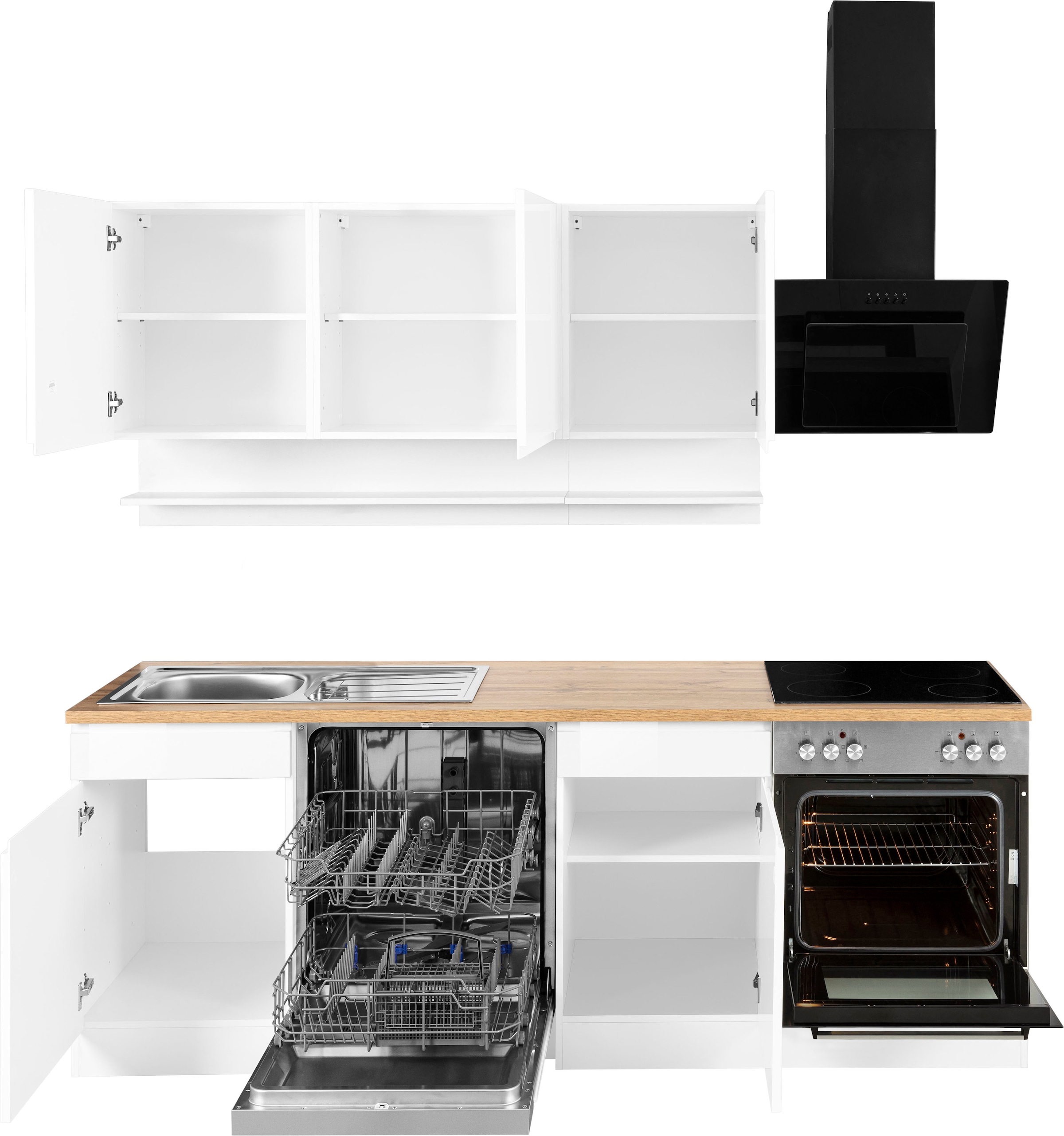 KOCHSTATION Küchenzeile »KS-Virginia,neu in verbesserter Ausführung« Arbeitsplatte 38 mm stark, Stauraum, Softclose,  Breite 220 cm, Soft-Close, wahlweise mit E-Geräten