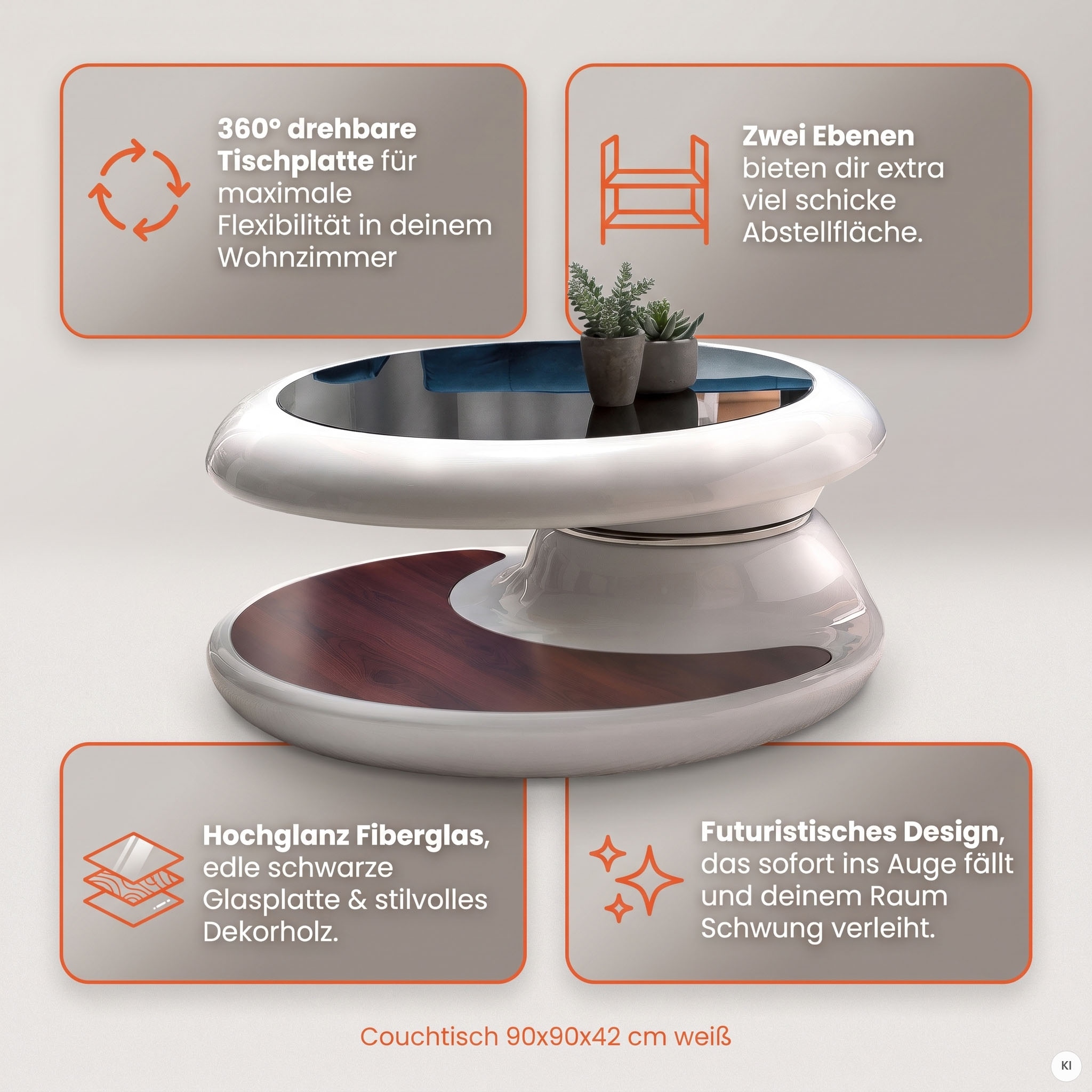 SalesFever Table basse »Milano Tisch Trendiges Wohnzimmer-Highlight« Plateau de table : pivotant à 360°