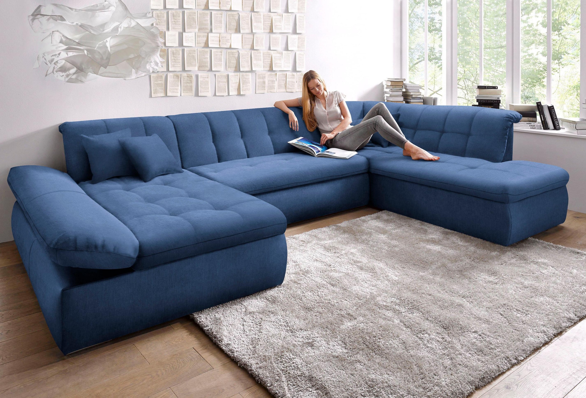 DOMO collection Wohnlandschaft »NMoric im XXL-Format, B/T/H: 353/216/80 cm, incl. Zierkissen U-Form«, wahlweise mit Bettfunktion und Armlehnenverstellung