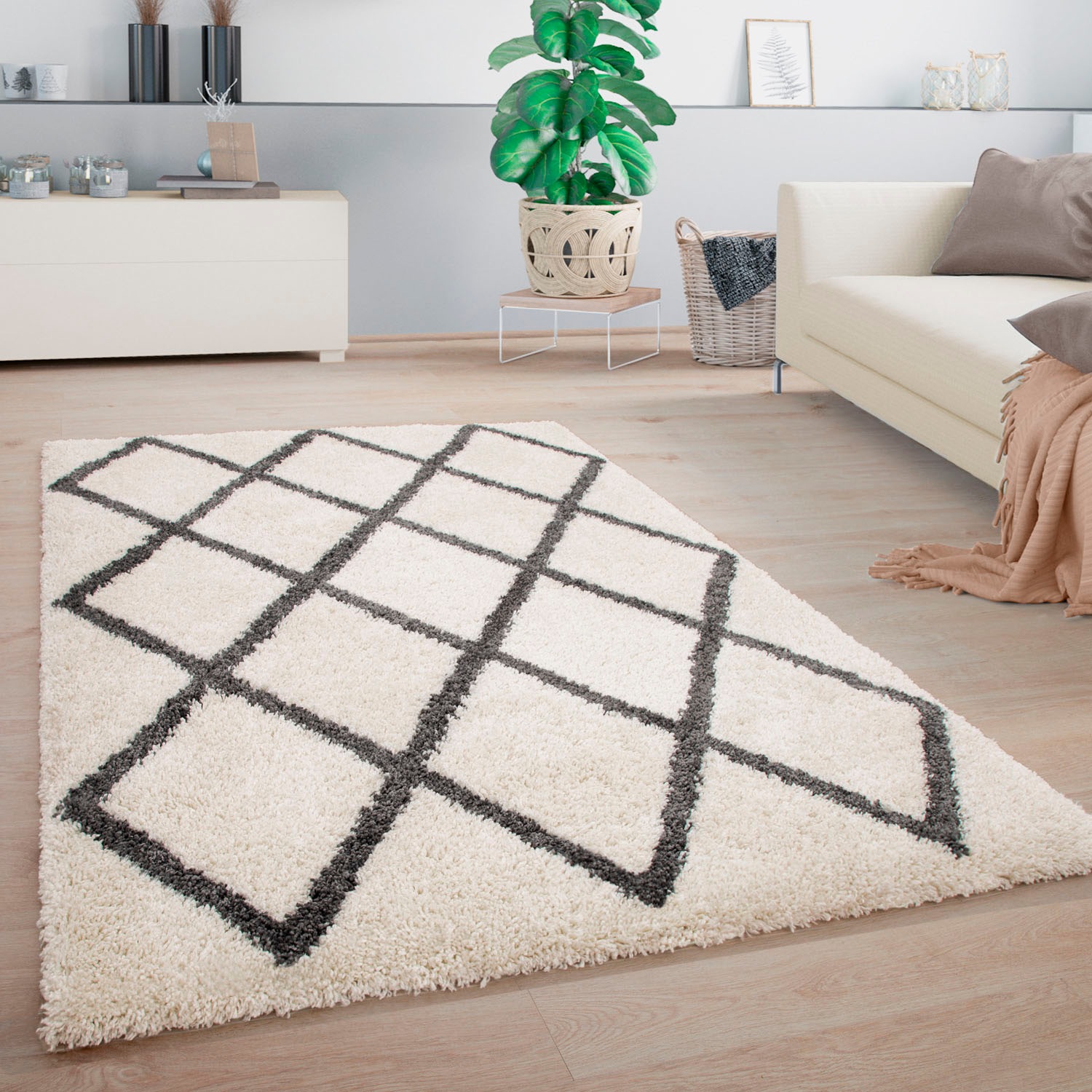 Paco Home Hochflor-Teppich »Arezzo 681«, rechteckig, 49 mm Höhe, modernes Rauten Design, sehr weicher Flor