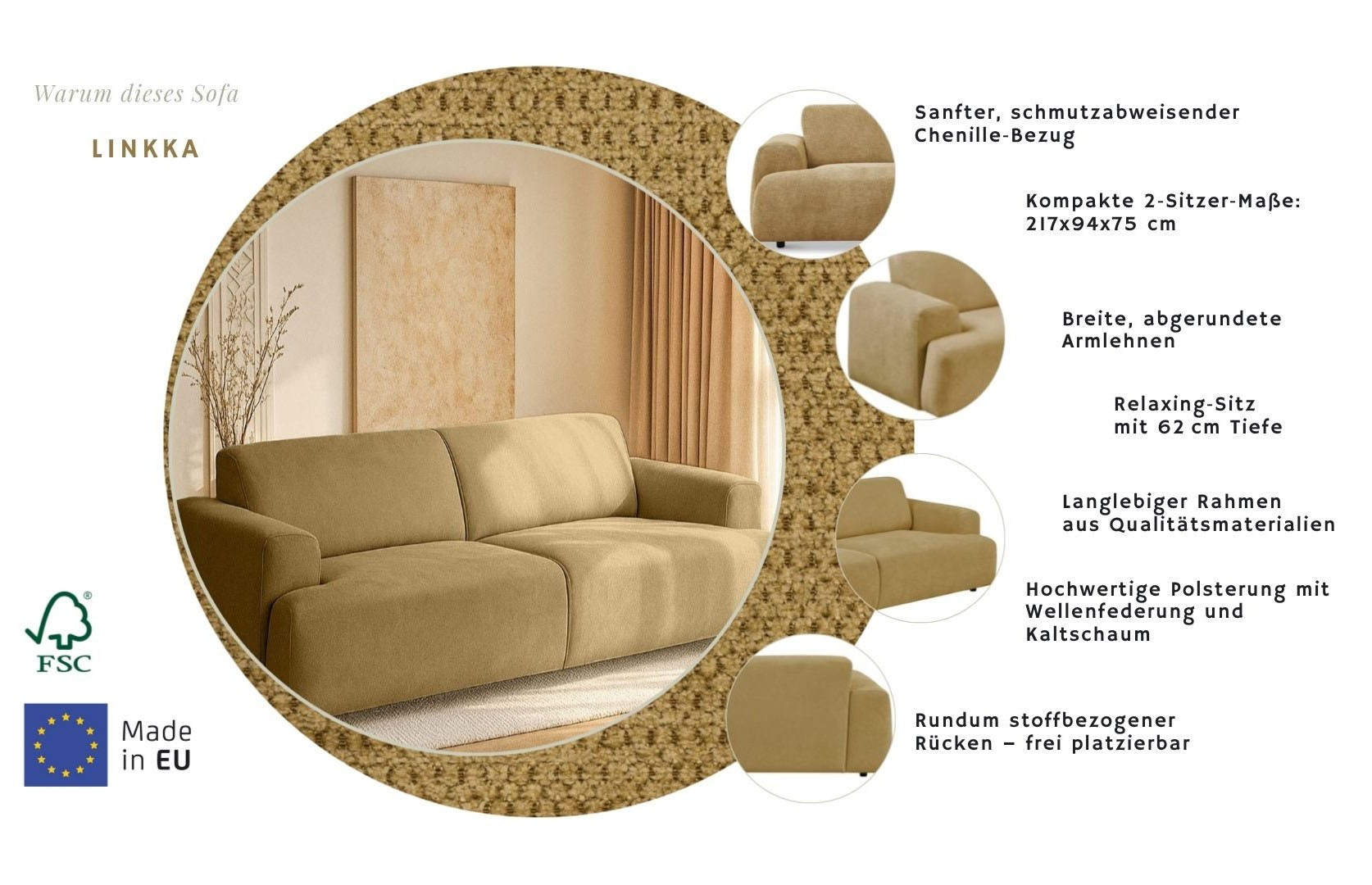 GOODproduct 2,5-places »Linkka, Breite 217 cm« en tissu chenille doux, avec suspension ondulée