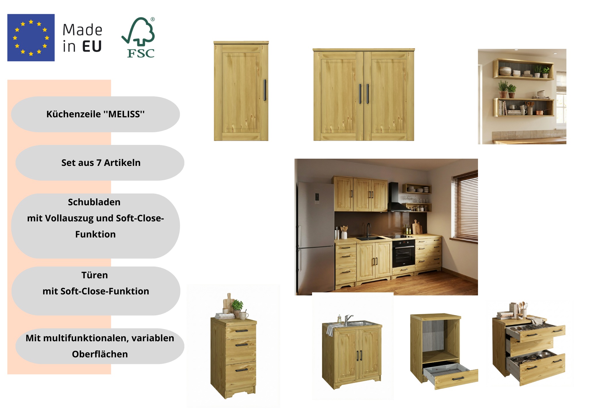 Home affaire Küchenzeile "Meliss" aus massiver Kiefer, mit Soft-Close-Funktion, 8-teiliges Set