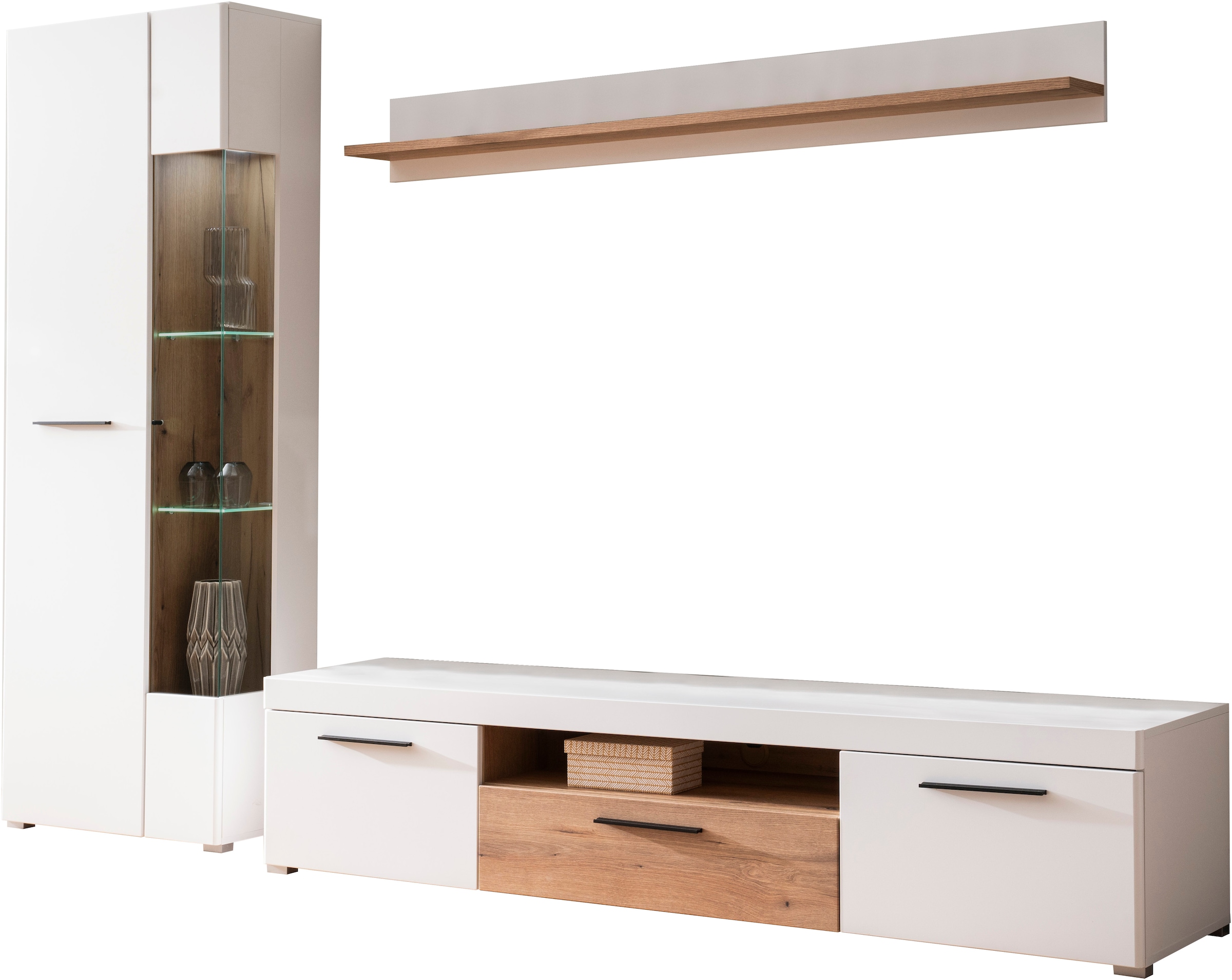 INOSIGN Wohnwand »Salerno, moderne Anbauwand, Wohnzimmer-Set, Weiss mit Eiche Evoke Dekor«, (Set, 3 St.), enthält Vitrine, Lowboard + Wandboard, Metallgriffe, 287 cm breit