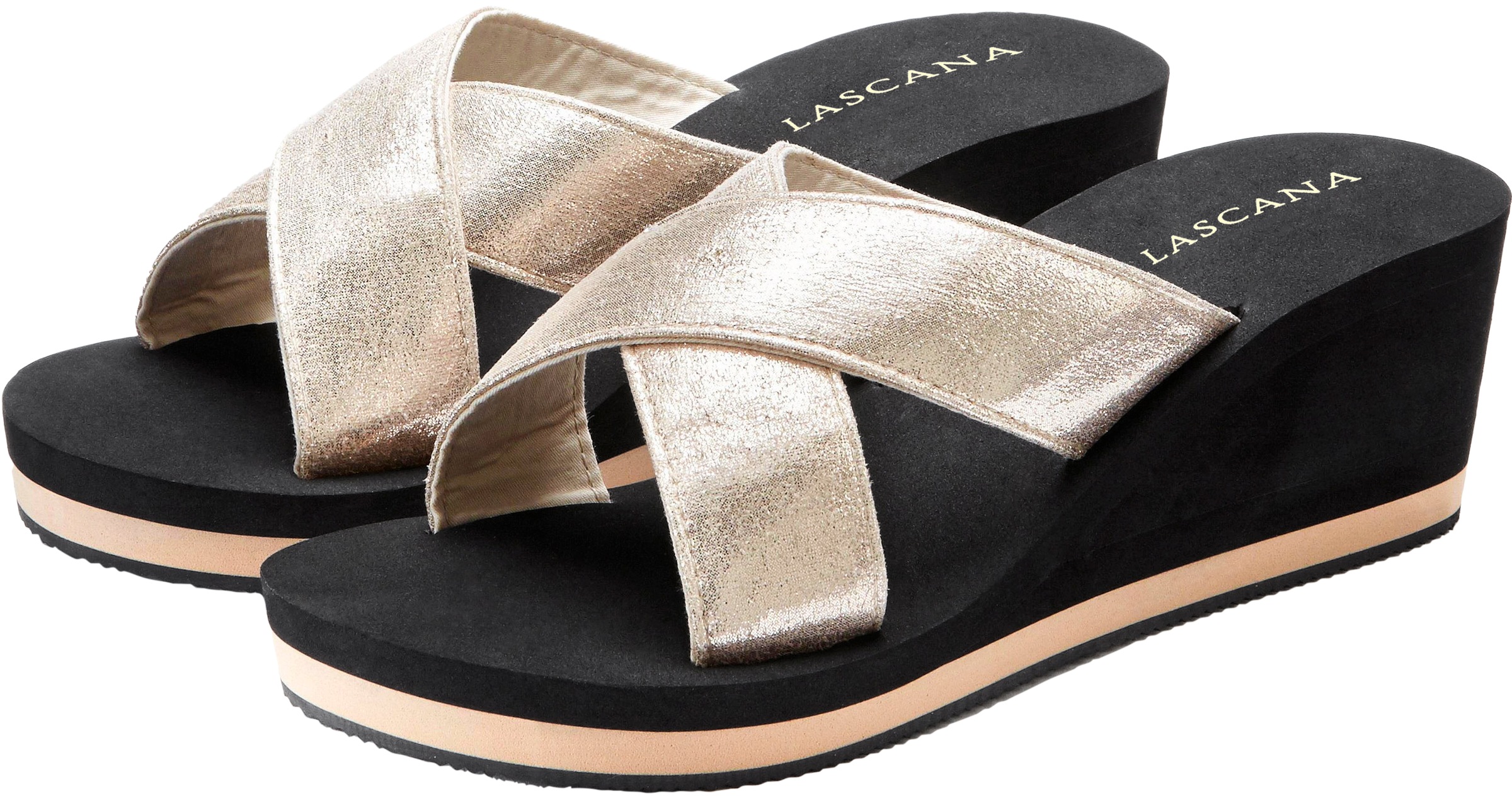 Image of LASCANA Badepantolette "Badeschuhe, Flip Flop, Badelatsche, Sandale" Pantolette mit Keilabsatz und Metallic-Optik VEGAN