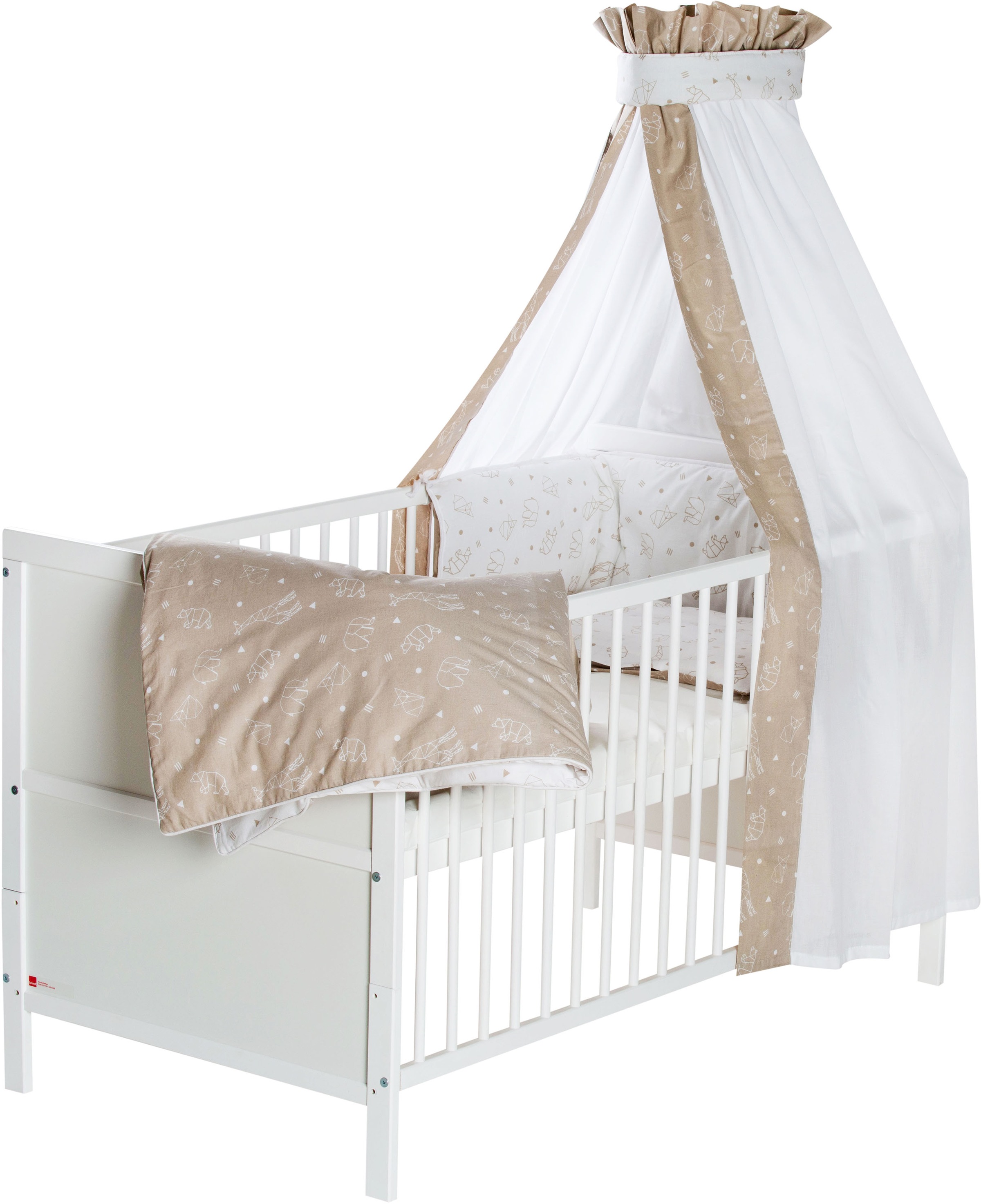 Image of Schardt Babybett »Lenny, Origami Beige«, umbaubar zum Juniorbett, mit Bettwäsche, Nestchen, Himmel, Himmelstange und Matratze; Made in Germany bei Ackermann Versand Schweiz