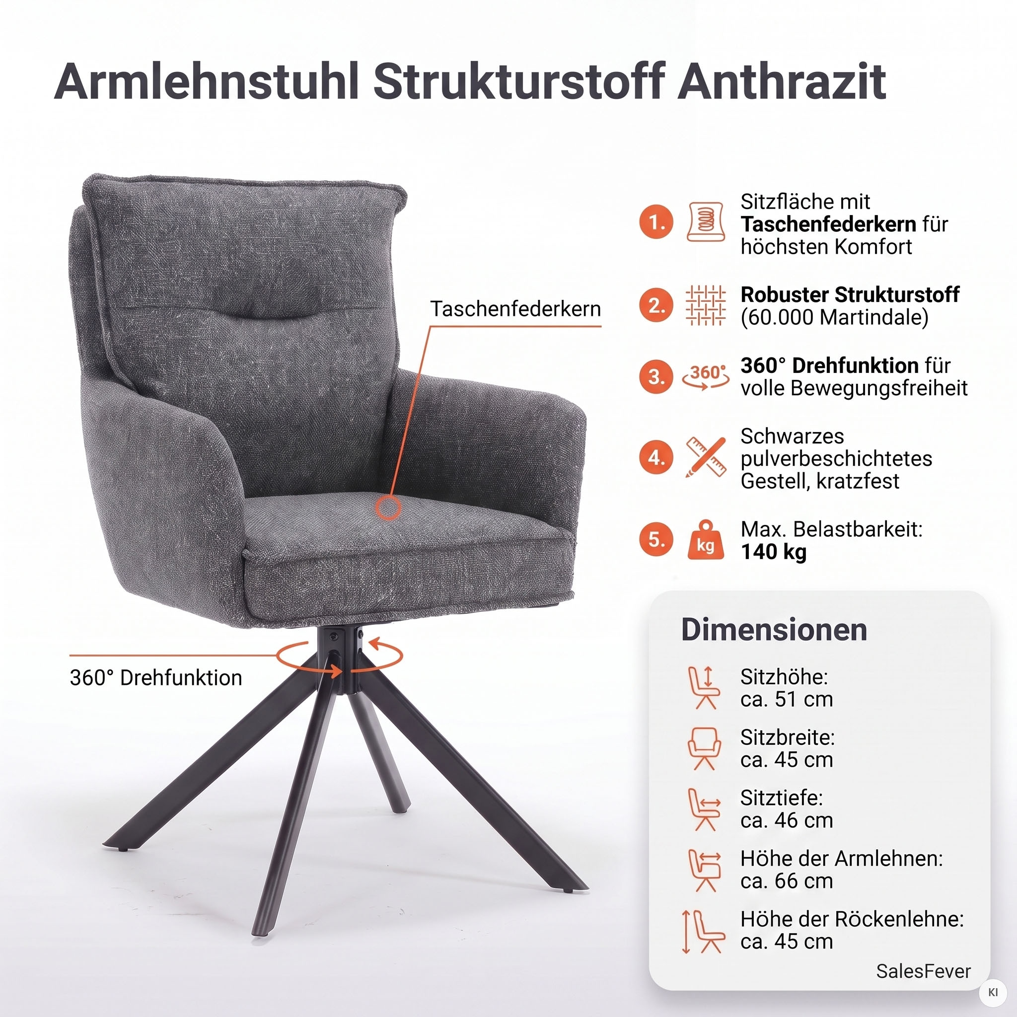 SalesFever Esszimmerstuhl »Austin - Armlehnstuhl mit hochwertiger Taschenfederkern-Polsterung« () 1 Stk.Esszimmersessel: 360° Drehfunktion mit stilvollem Metallfuss