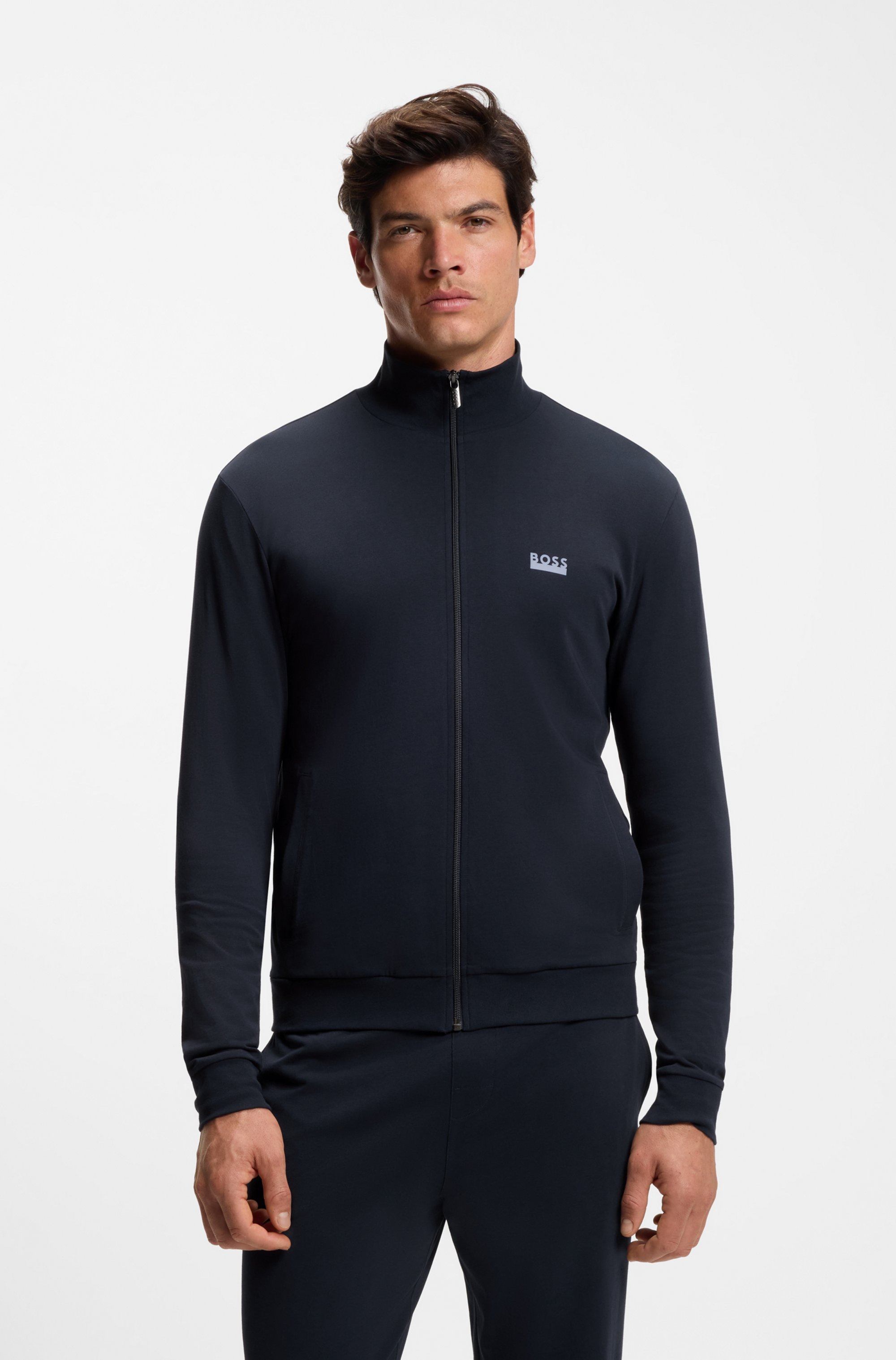 BOSS Loungeanzug »365 Long Set« Aus Stretch-Baumwolle mit Logos, Jacke mit Stehkragen