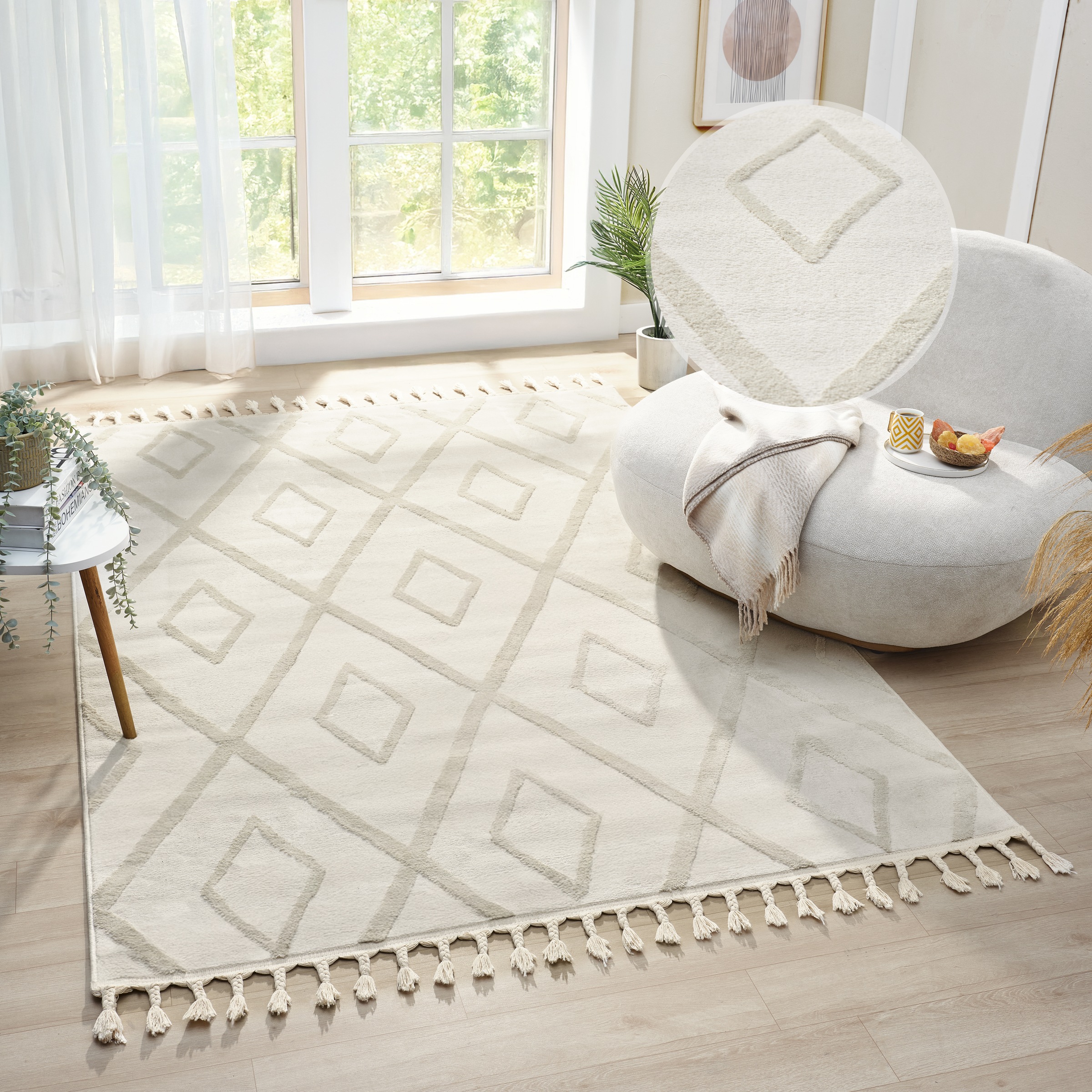Image of GOODproduct Teppich "Otilie" rechteckig 11 mm Höhe dichte Qualität, Woll-Look, Boho, mit Fransen und Rauten, Scandi