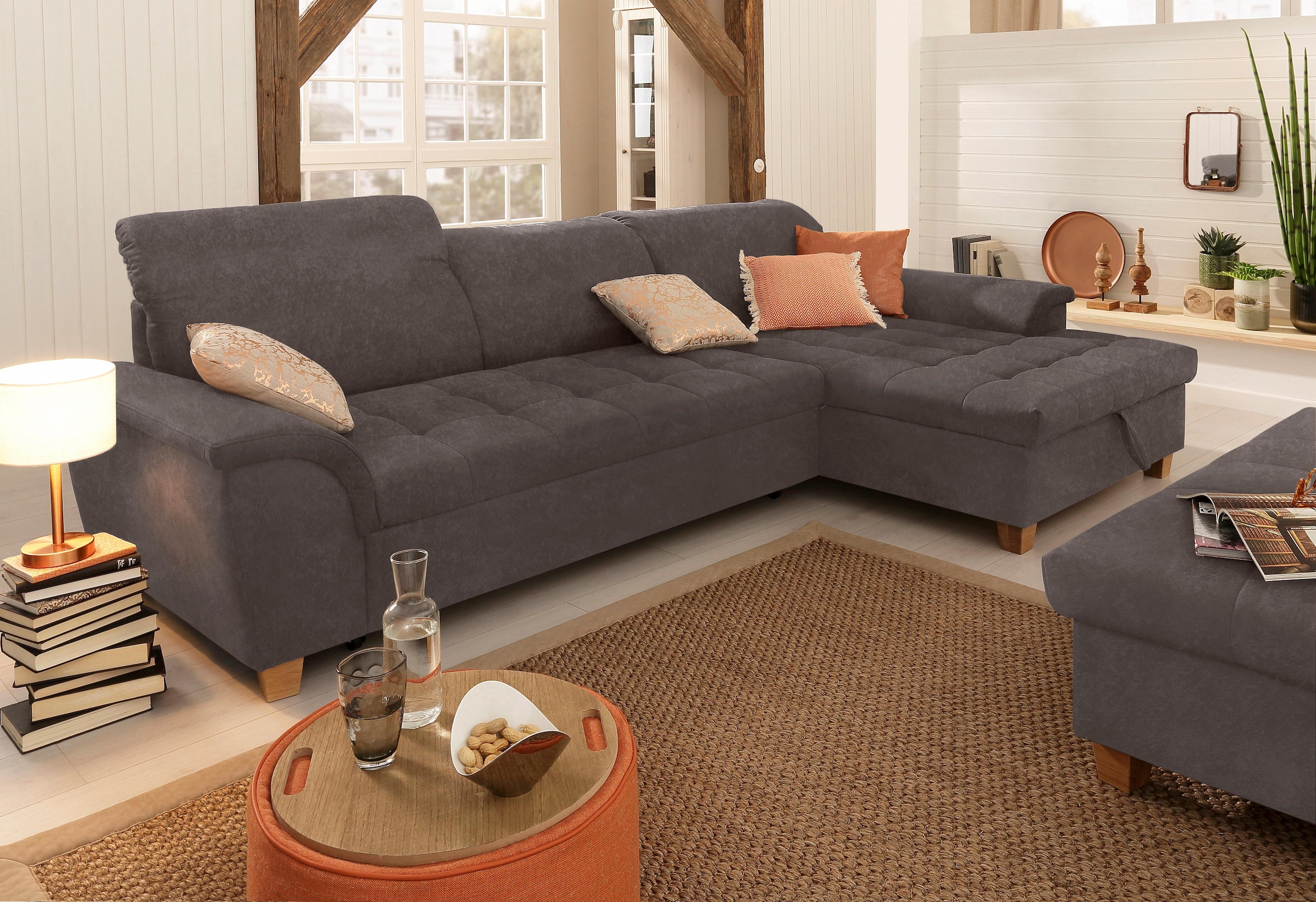 Home affaire Ecksofa »Lyla fester Sitzkomfort, bequeme Armlehnen, Breite 279cm, L-Form« mit Recamiere, wahlweise mit Rückenfunktion und zusätzlich mit Bett