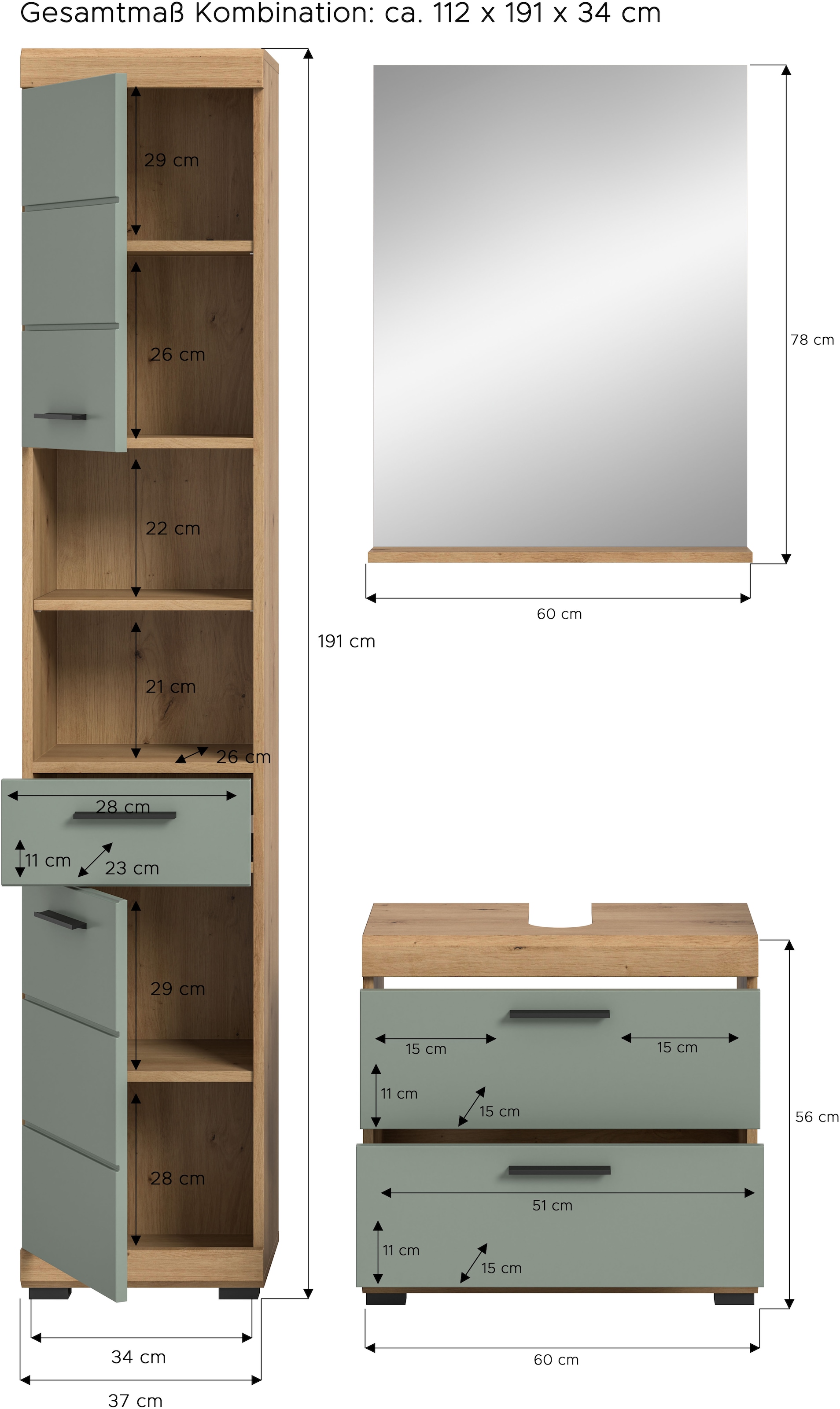 welltime Badmöbel-Set »Siena, 3 teilig, bestehend aus:« Set, TOPSELLER!, 3 Stk. tlg.