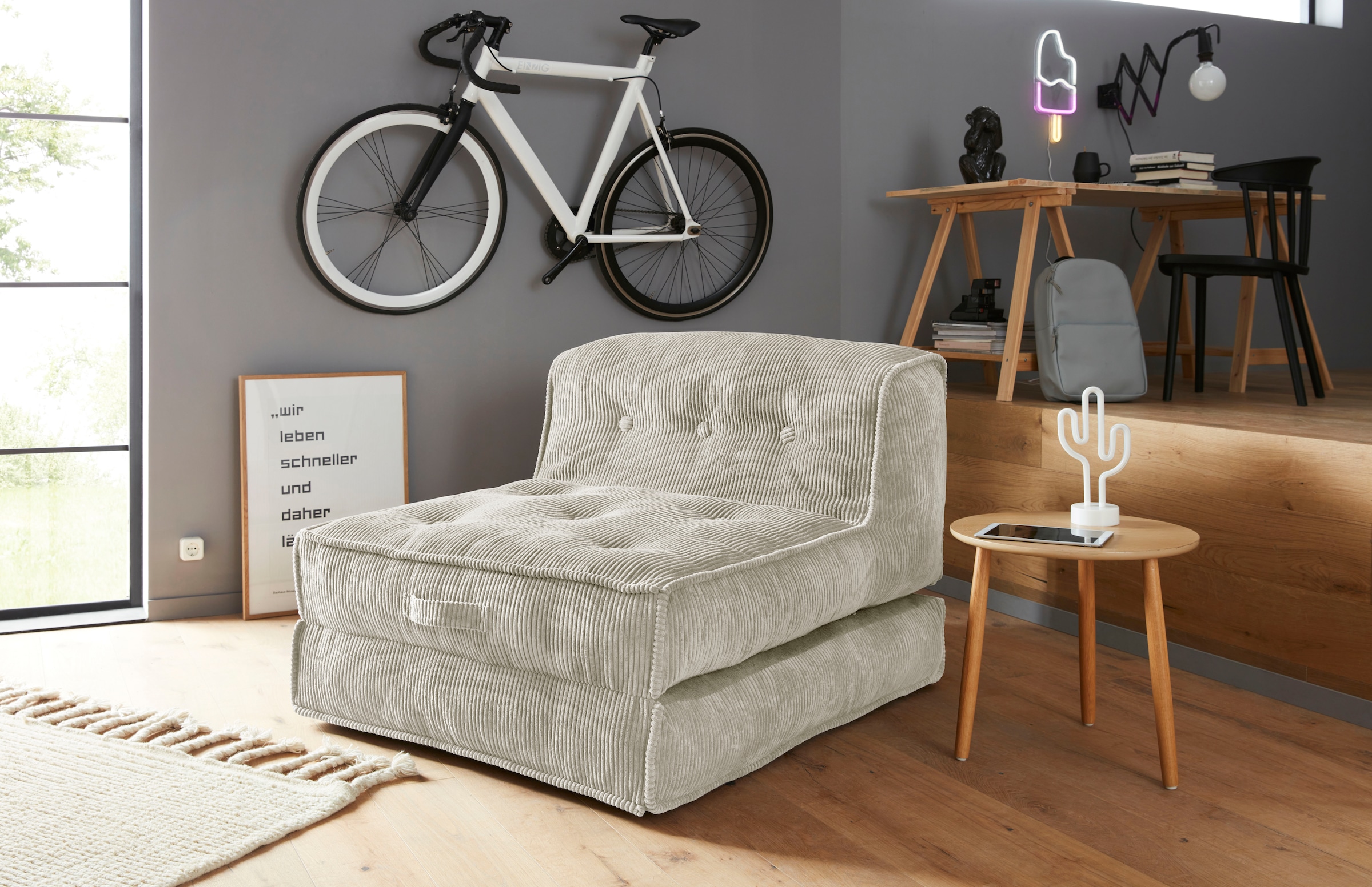 INOSIGN Sessel »Pia«, Loungesessel aus Cord, in 2 Grössen, mit Schlaffunktion, Pouf-Funktion.