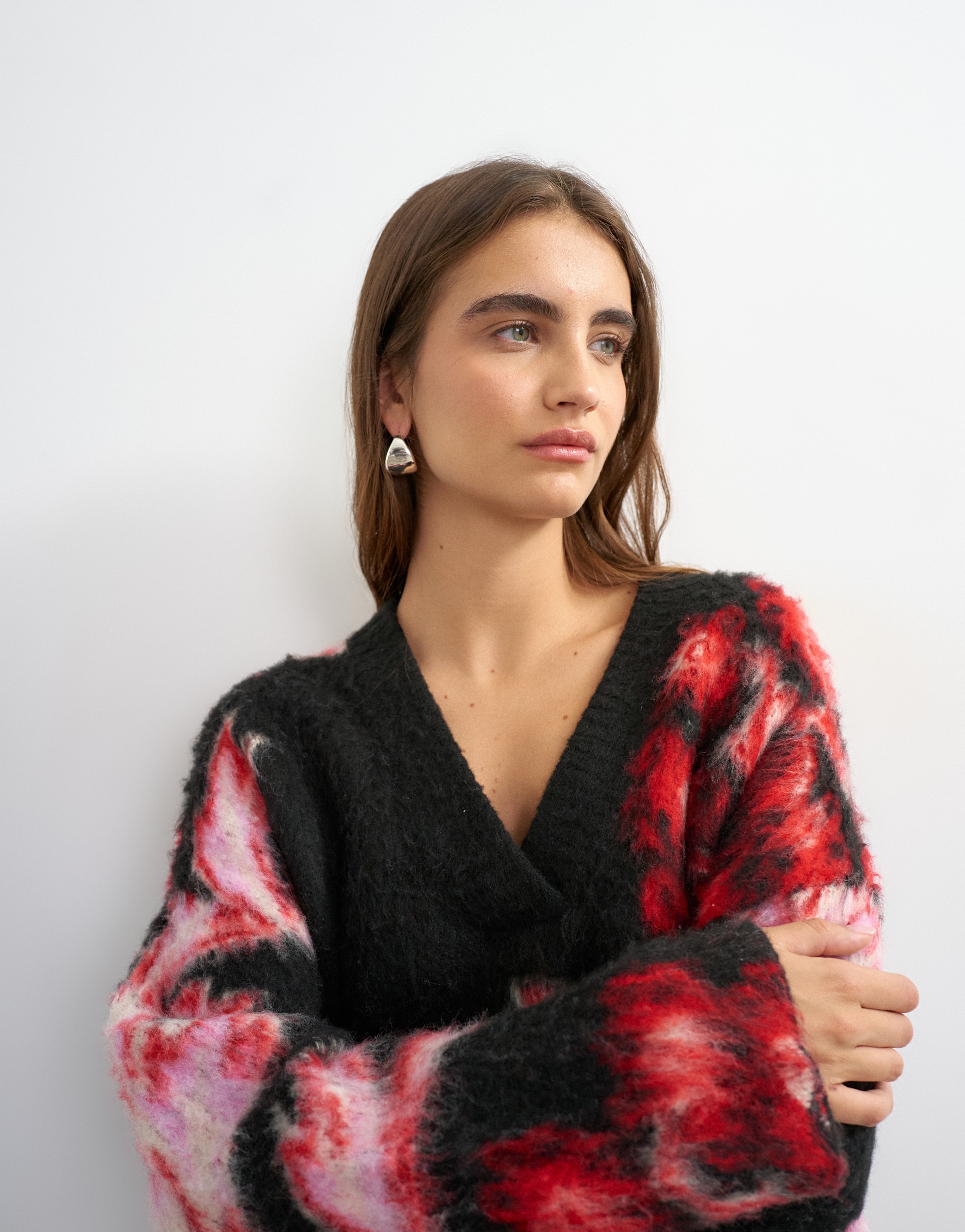 Image of TOPSHOP V-Ausschnitt-Pullover "TSDIJA BRUSHED FLOWER JUMPER KNIT" Materialmix, bedruckt