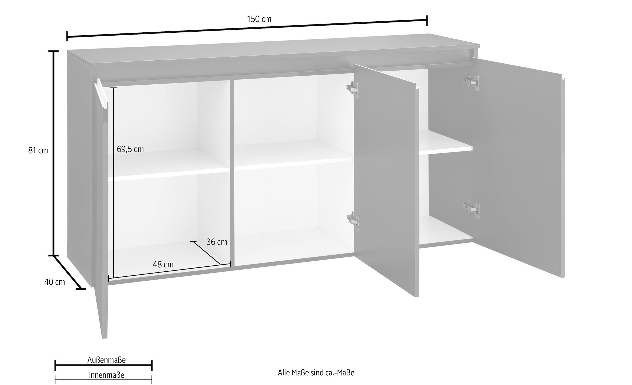 INOSIGN Kommode »Magic, Kommode, Schrank, Kredenz«, mit 3 Türen, Komplett Hochglanz lackiert, (B/T/H) 150x40x81 cm