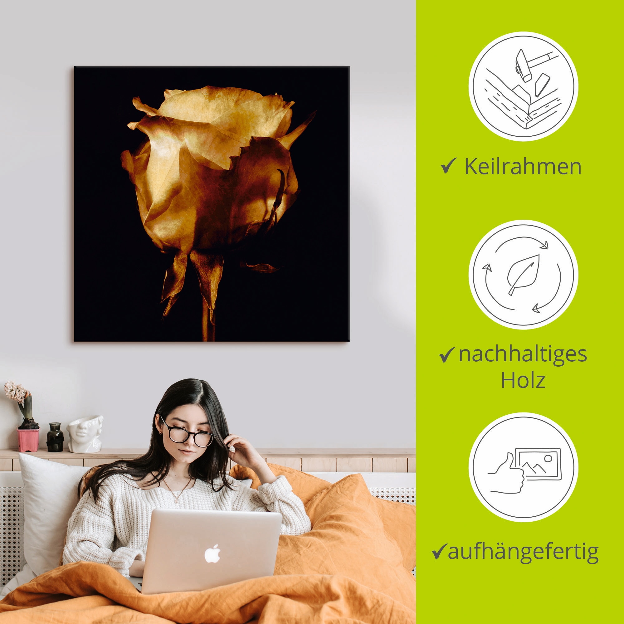 Artland Leinwandbild »Vergoldete Rose« Blumen 1 Stk. tlg. auf Holzrahmen gespannt