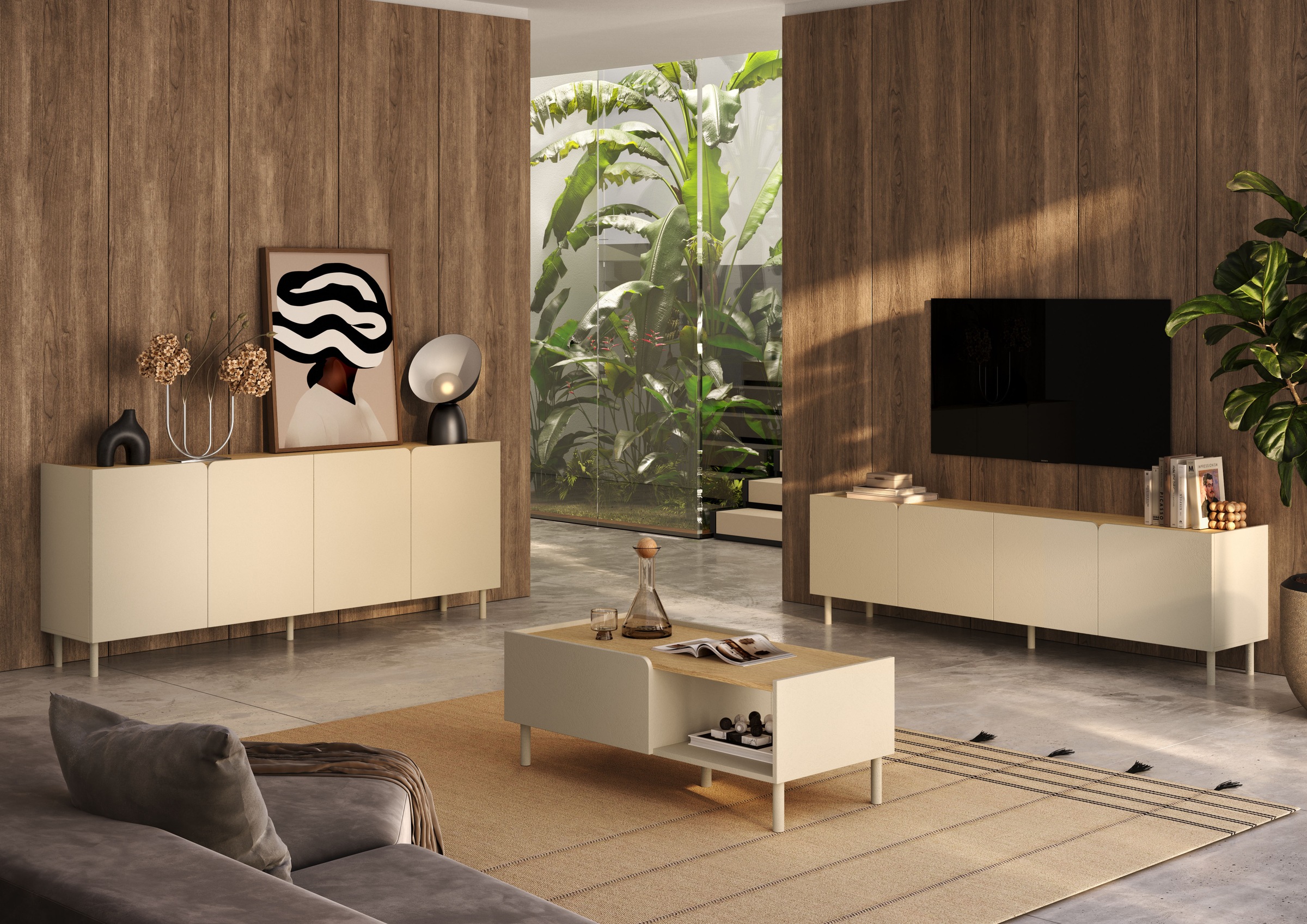 GOODproduct Table basse »Dobbiaco, 202 cm breit, 4 Türen, Mediaboard, TV-Schrank« Top intégré, pieds en métal droits, porte avec arrondi
