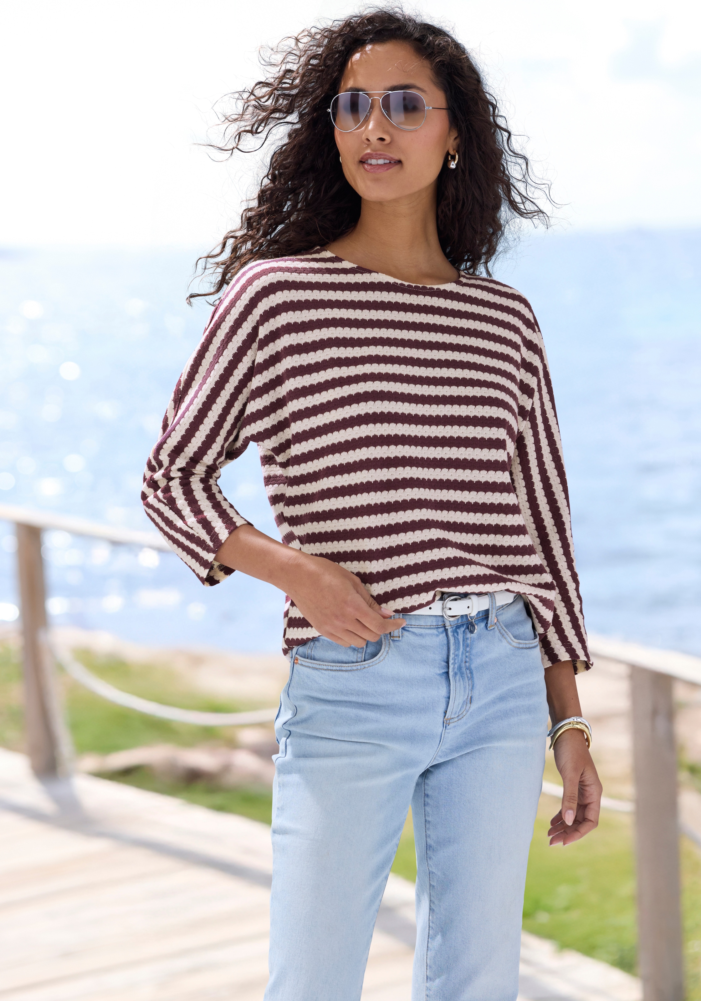 Image of H.I.S 3/4-Arm-Shirt "mit herbstlichem Streifendesign" aus besonderer Strukturqualität