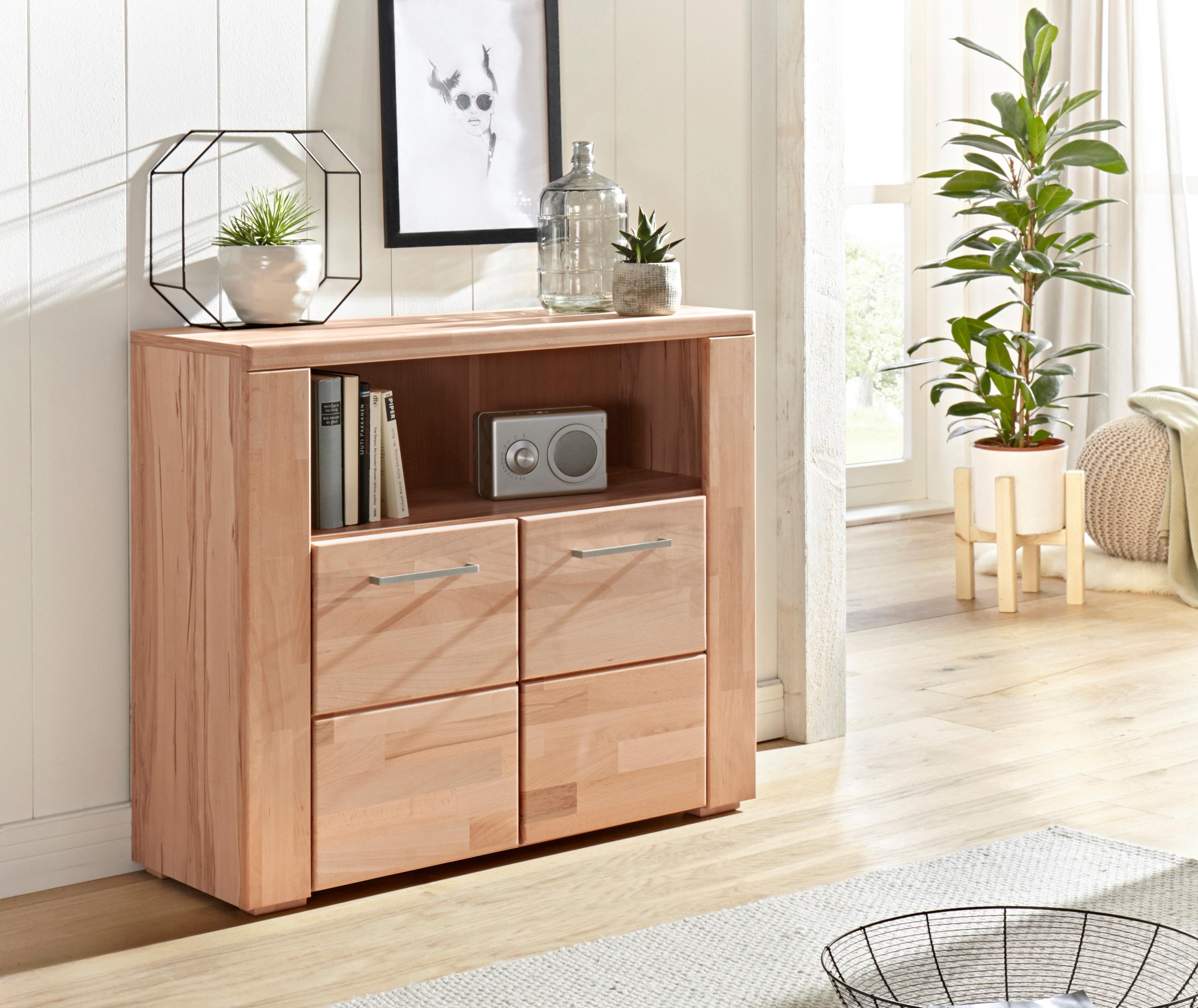 Image of GOODproduct Kommode "Celle,90cm breit,35 cm tief, Fronten Massivholz" Holz massiv, Holzwerkstoff, Metall Griffe,3 breite Fächer
