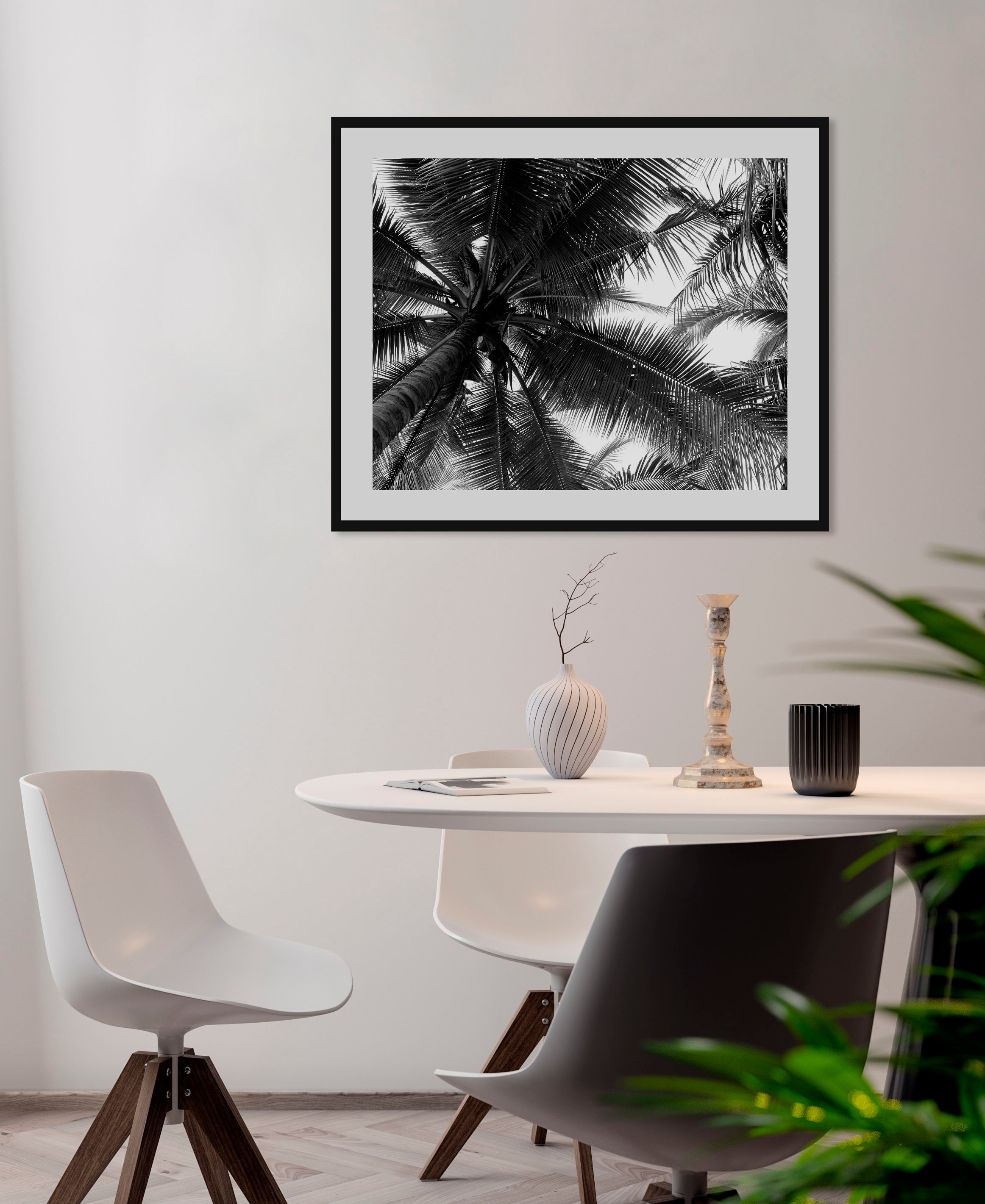 Image of queence Bild "Mary" Foto Himmel Palmen Pflanzen Pflanzenbilder Schwarz-Weiss 1 Stk. tlg. HD Premium Poster-Druck inkl. Holzrahmen