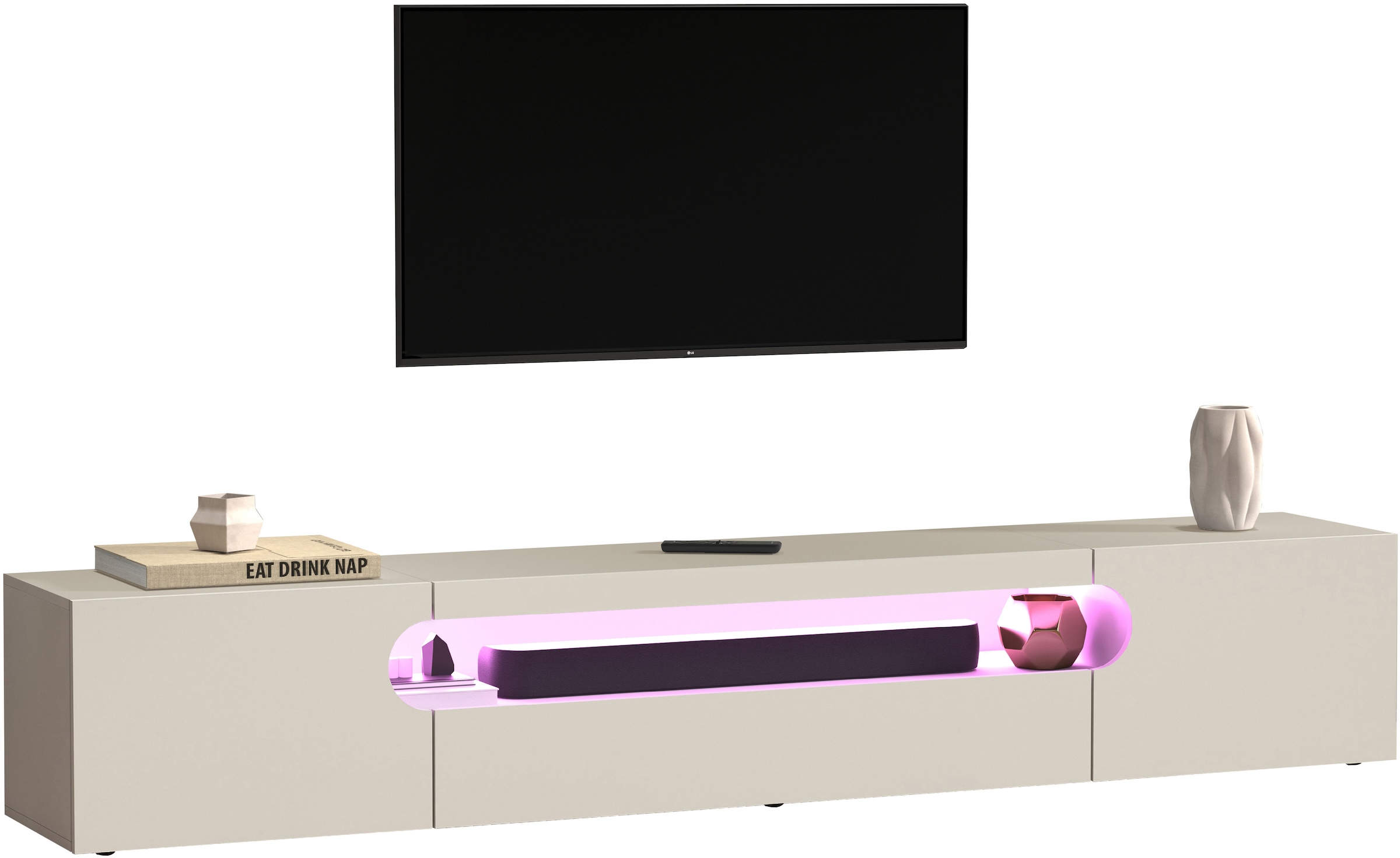 INOSIGN Lowboard »REAL TV-Möbel, 240 cm breit, 40/60 cm hoch, Hochglanz oder matt« mit 2 abgerundeten Türen, 1 Klappe, die ein ovales offenes Fach bilden