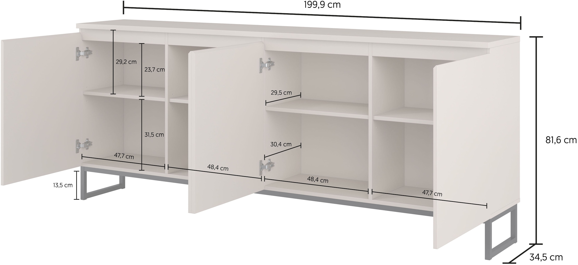 GOODproduct Sideboard »Modo II, Breite 200 cm, moderne grifflose Kommode 4Türen« Anrichte mit viel Stauraum, Einlegeböden verstellbar, Metallkufen