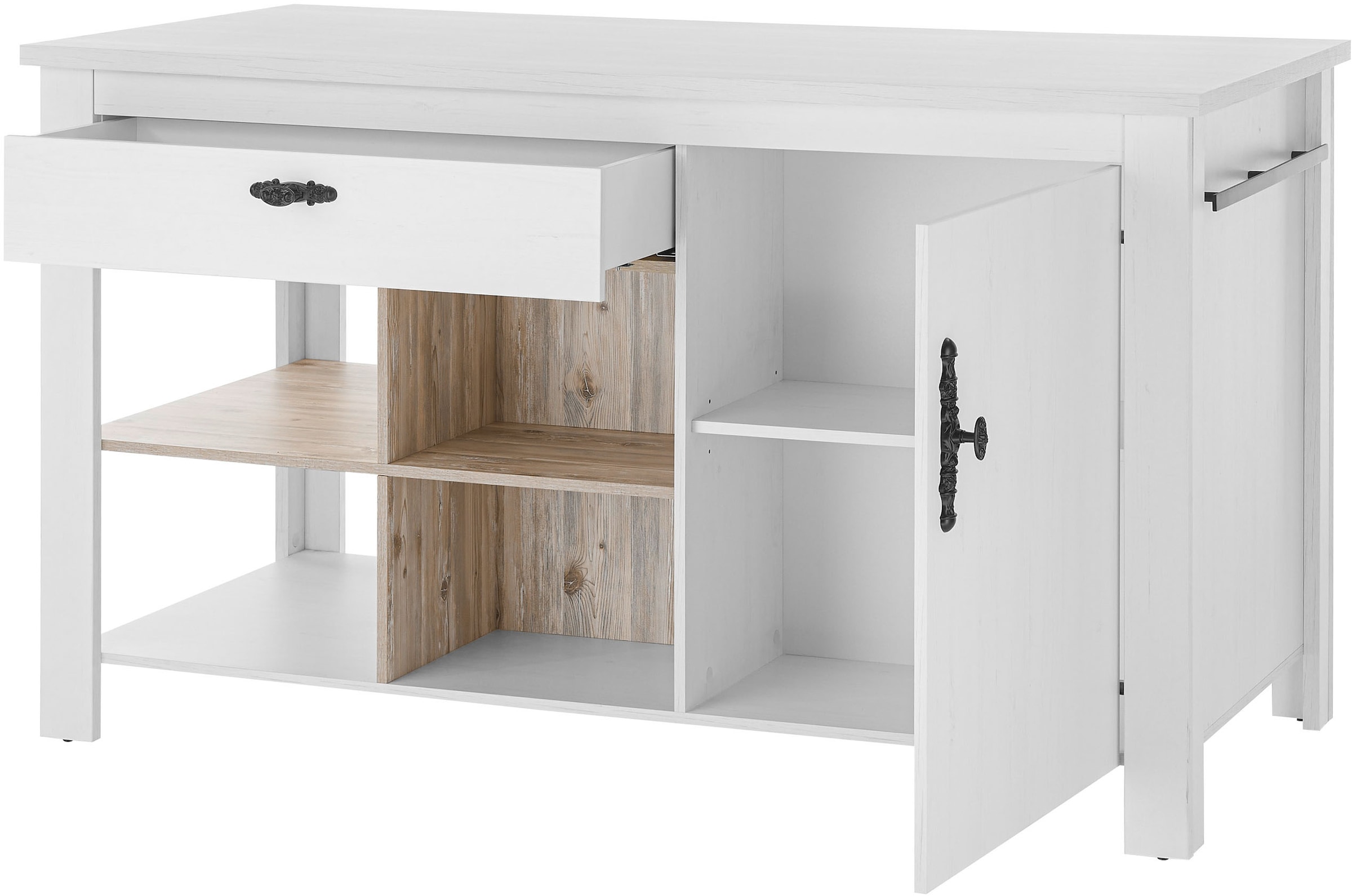 Home affaire Kücheninsel »Florenz, Küchenblock in Pinie Weiss, Kochinsel, Küchenarbeitsblock« Breite 161 cm, mit verschnörkeltem Metallgriff, Arbeitshöhe 92 cm