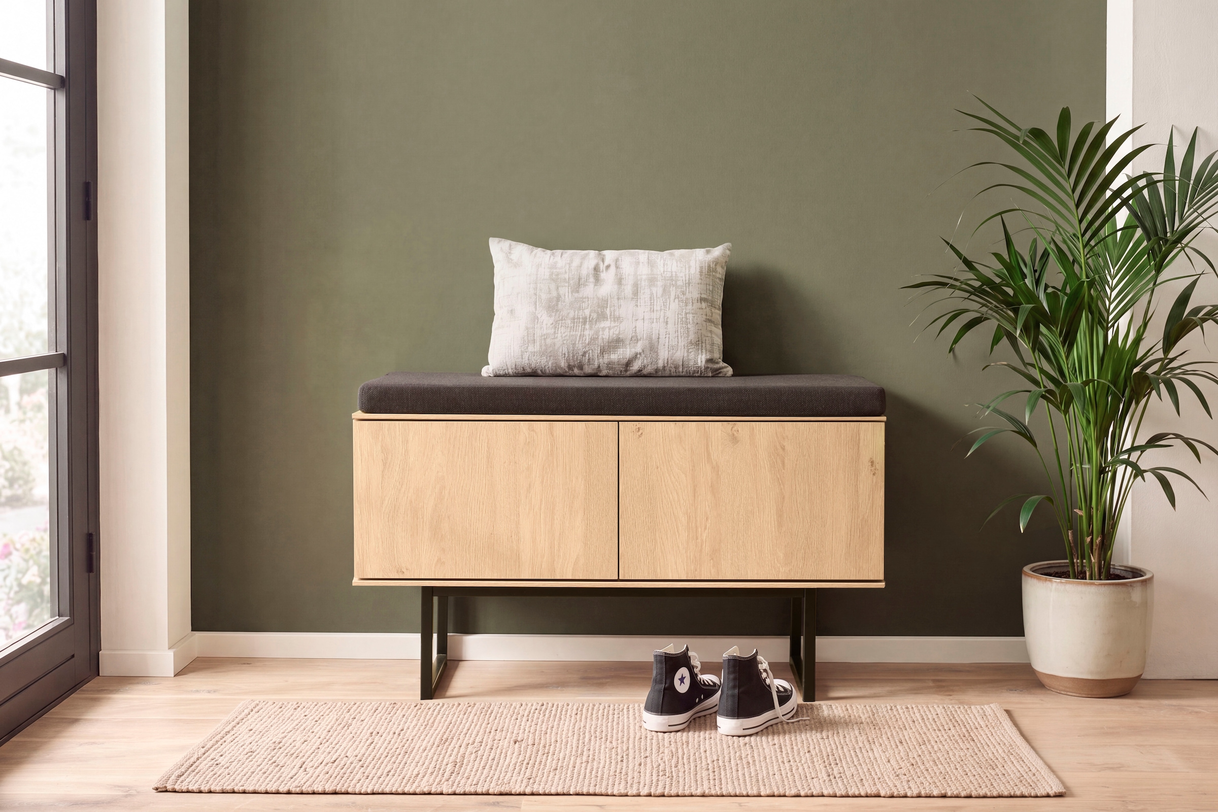 Home affaire Banc à chaussures »Lund, Garderobenbank mit Klappen, moderne Sitzbank, Polsterbank« beaucoup d'espace de rangement, place pour environ 6 paires de chaussures, 90 cm de large
