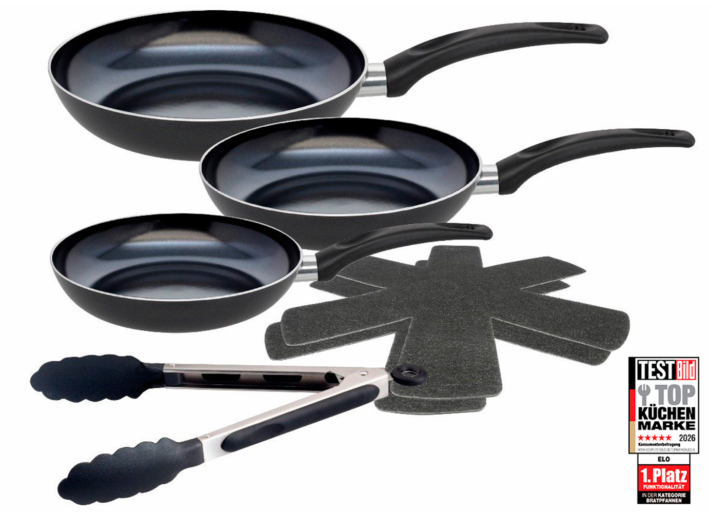 Image of Elo - Meine Küche Pfannen-Set "Prima Cucina 6 teilig" Aluminium Set, 1x Bratpfanne Ø 20/24/28 cm, 1x Grillzange, 2x Stapelschutz, 6 Stk. tlg. Induktion