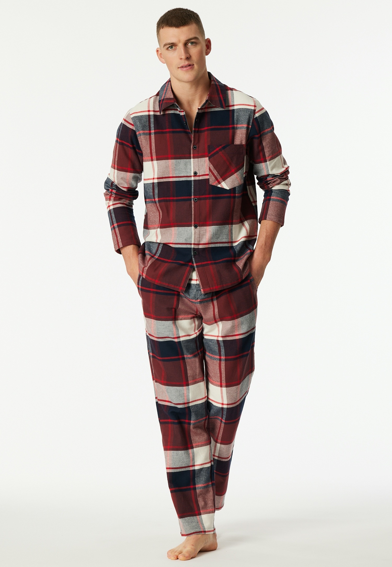 Schiesser, Herren, Schlafanzug »Selected Premium Warming« 2 tlg. Brusttasche, Baumwolle, wärmend, Flanell, Langarm, burgund, 54, Langer Herrenpyjama 