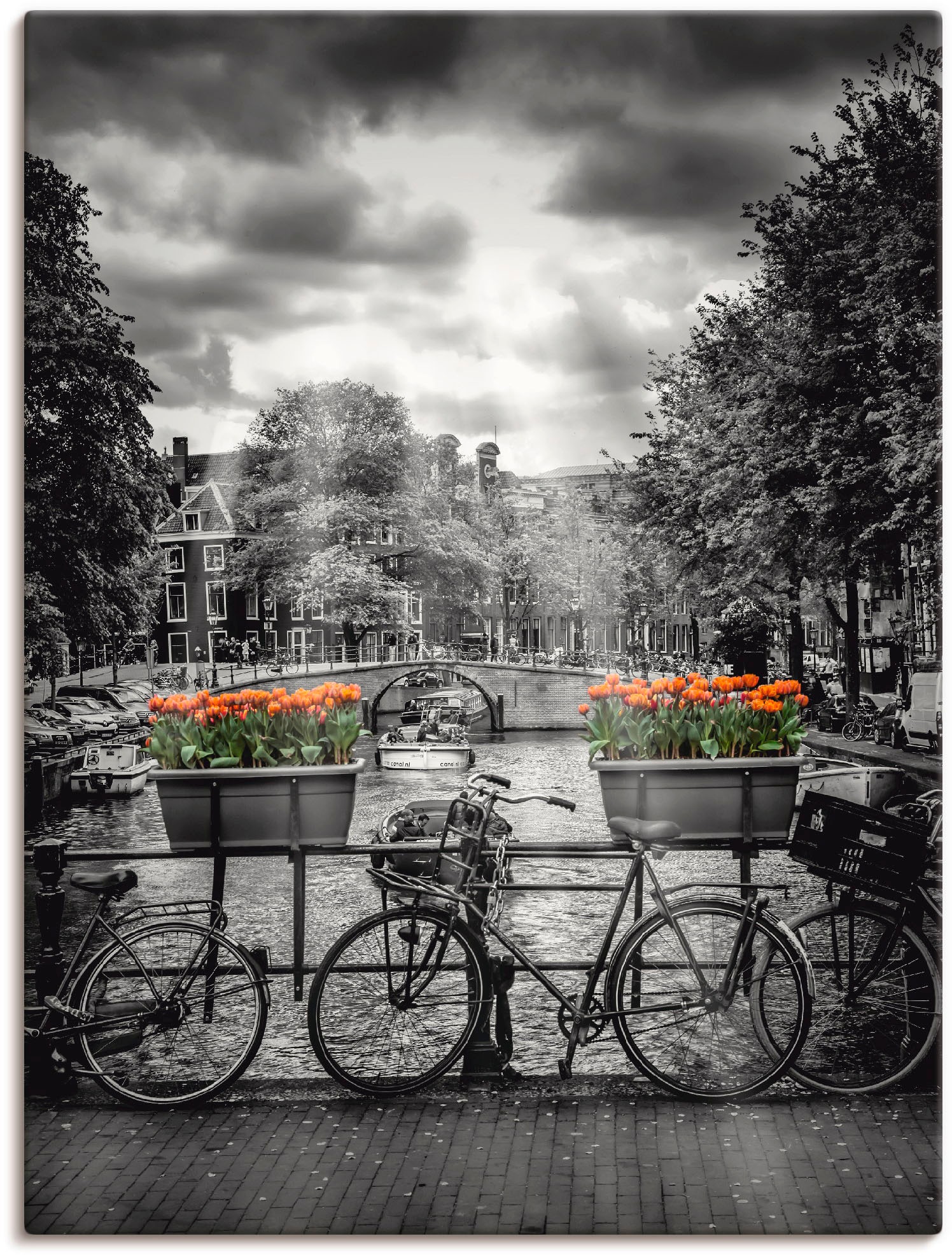 Image of Artland Leinwandbild "Amsterdam Herengracht & Sonnenstrahlen" Fahrräder 1 Stk. tlg. auf Holzrahmen gespannt