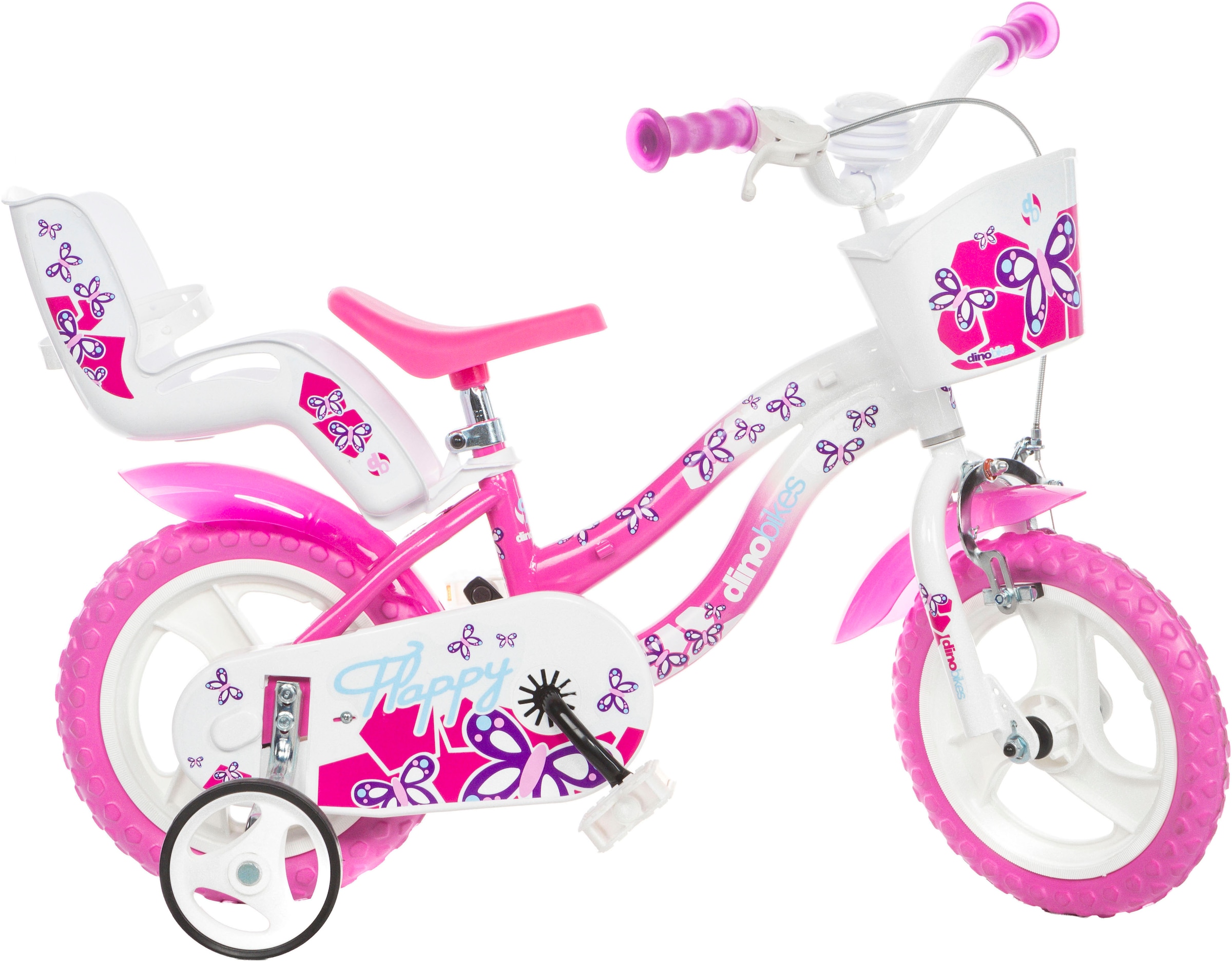 Dino Bikes Kinderfahrrad "12" Flappy Kinderfahrrad Mädchen stabiler Stahl-Rahmen Stützräder" 1 Gang mit Stützrädern, Korb und Puppensitz