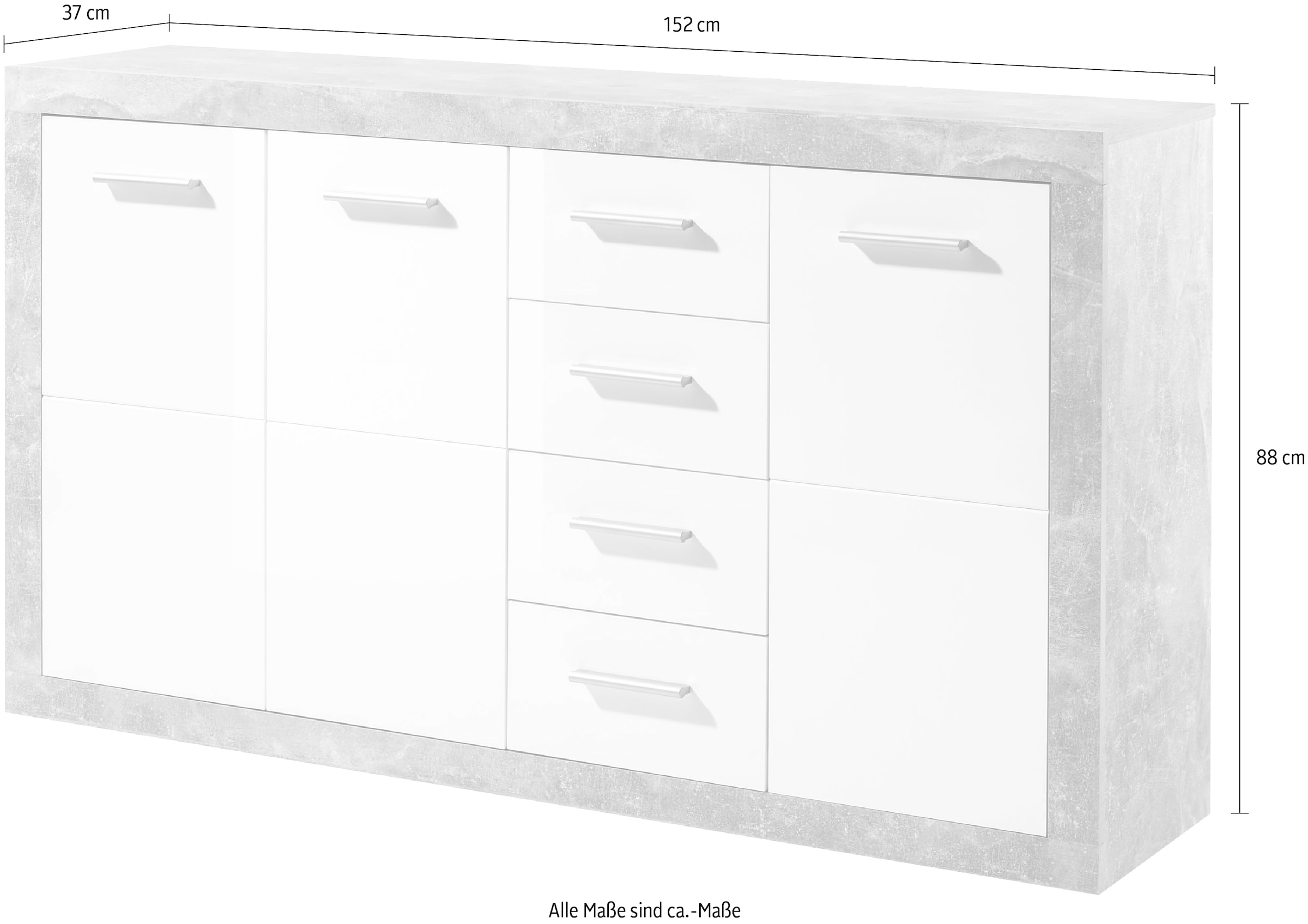 HBZ Kommode »Stone 2 Weiss Glanz, BxHxT 152x88x37 cm« Kommode mit 3 Türen, 4 Schubkästen, 2 Einlegeböden