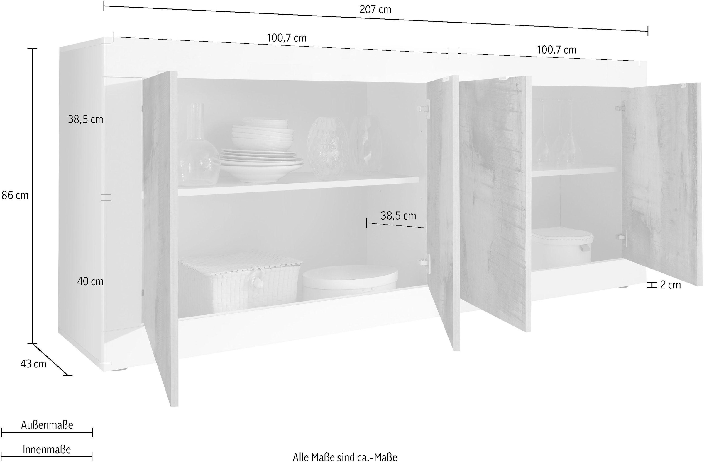 INOSIGN Sideboard »Basic Breite 207 cm, Kommode 4 Türen, Anrichte,«, Metallgriff, moderne Rahmenoptik, viel Stauraum, Farbauswahl