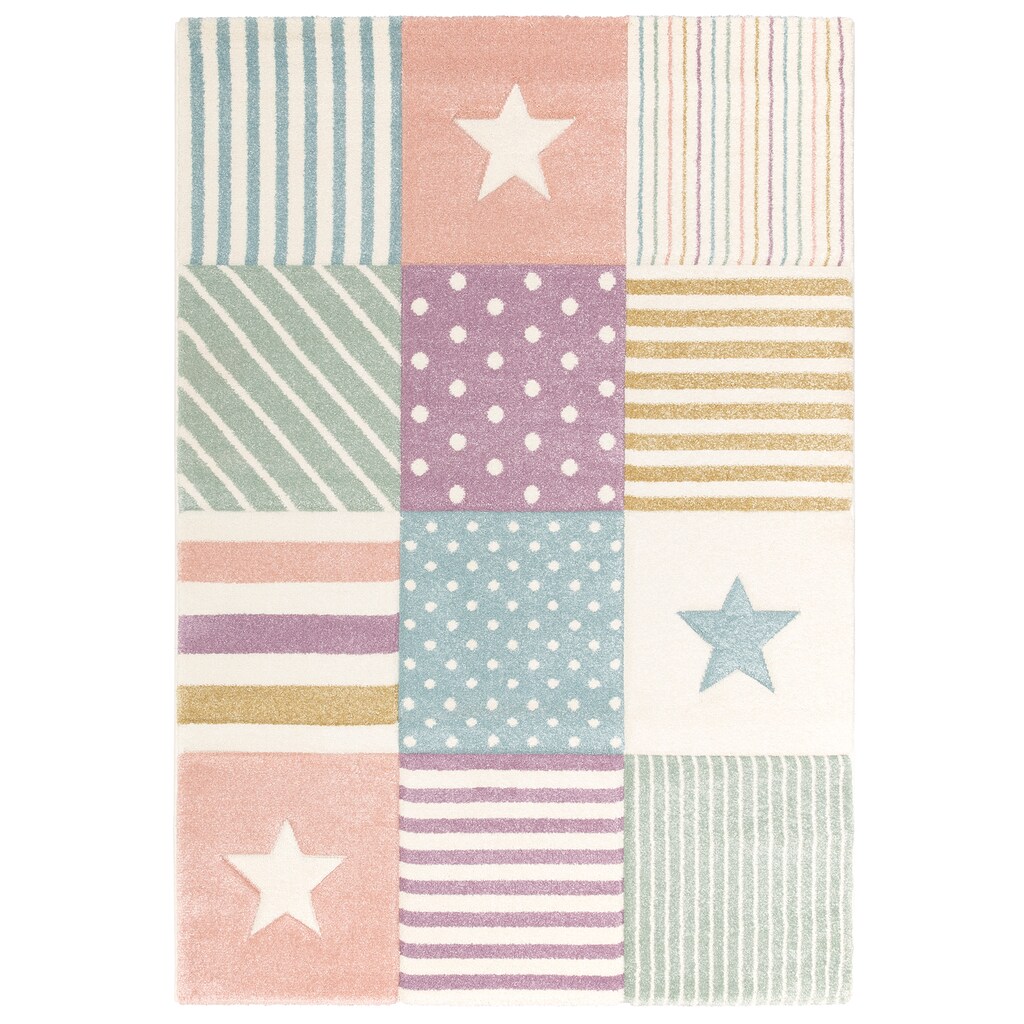 Lüttenhütt Kinderteppich »Stern«, rechteckig, Kurzflor, handgearbeiteter Konturenschnitt, Patchwork, Pastell-Farben