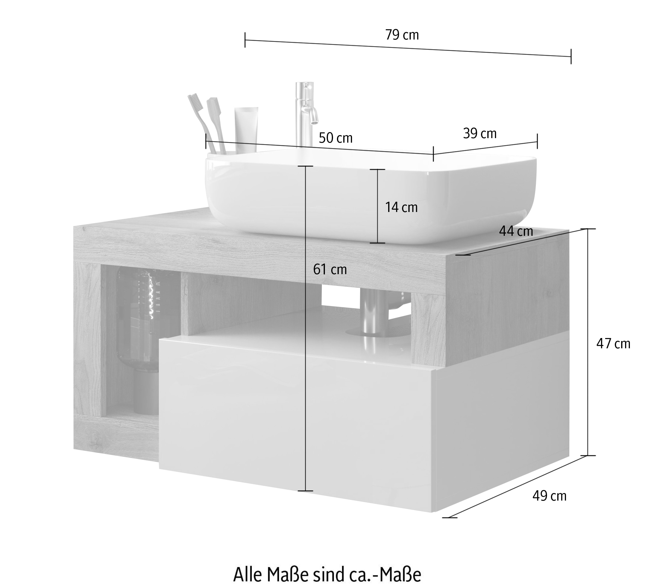 welltime Waschtisch »Hamburg«, 1 Schubkasten, Breite 79 cm, Soft-Close, inkl. Keramik-Aufsatzbecken