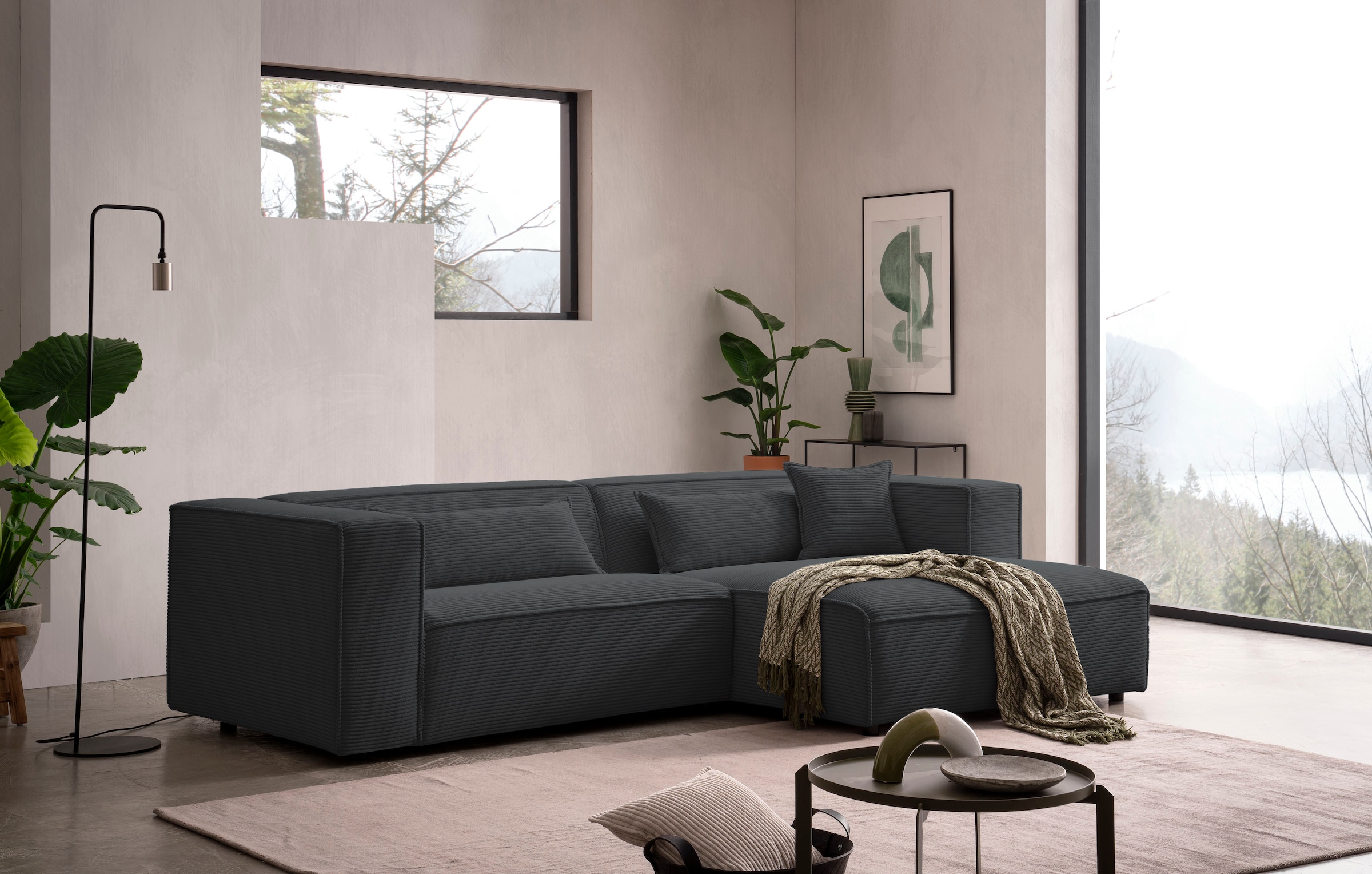 LeGer Home by Lena Gercke Canapé d'angle »PIARA mit Kedernaht, Cord, Leinenoptik o. Strukturstoff, Couch, L-Form« wahlweise Ottomane rechts/links, schwarze Füsse, bequemer Sitzkomfort
