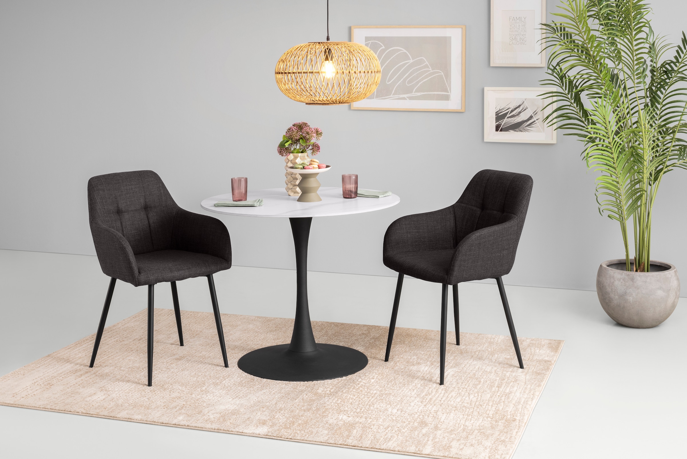 Image of HELA Essgruppe "MOSEL" 3 Stk. tlg. Tisch 90x75 cm, Platte rund, gesinterter Stein, Armlehnenstuhl