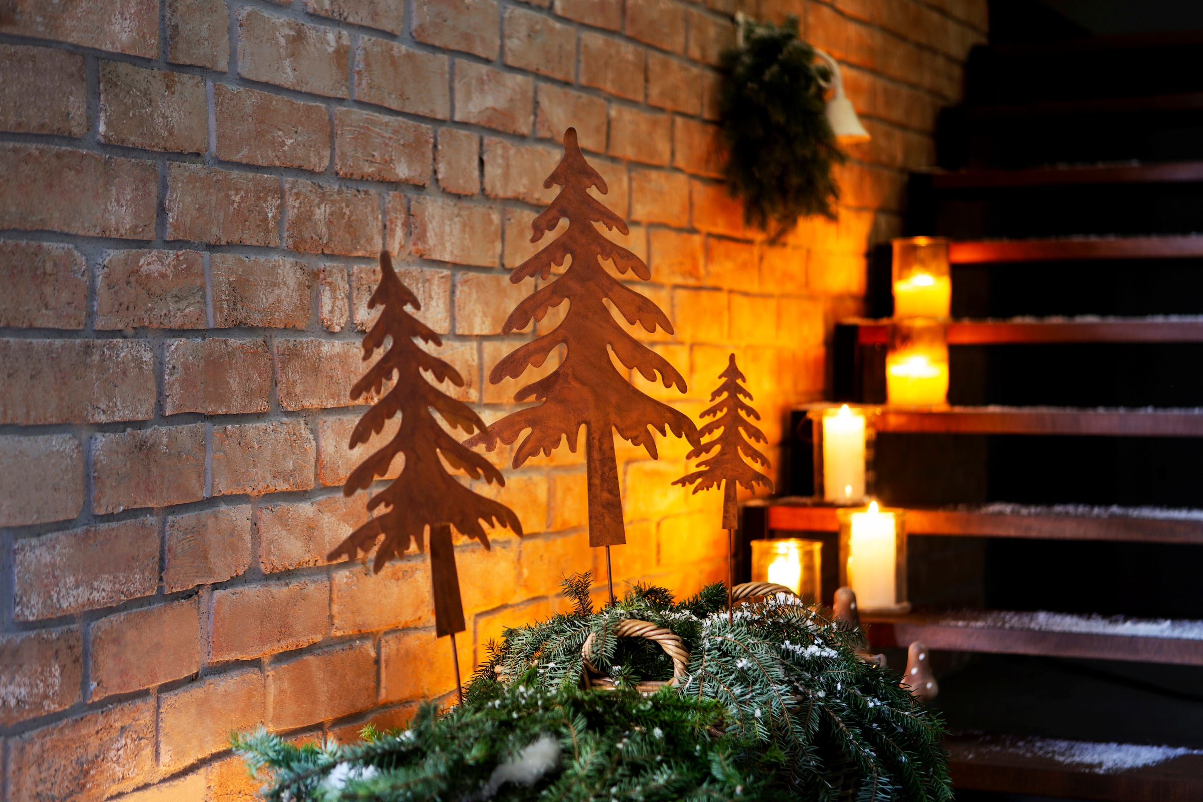 my home Dekobaum »Tannenbaum, Weihnachtsdeko aussen«, Gartenstecker in Rostoptik, Höhe ca. 50 cm + 70 cm + 90 cm